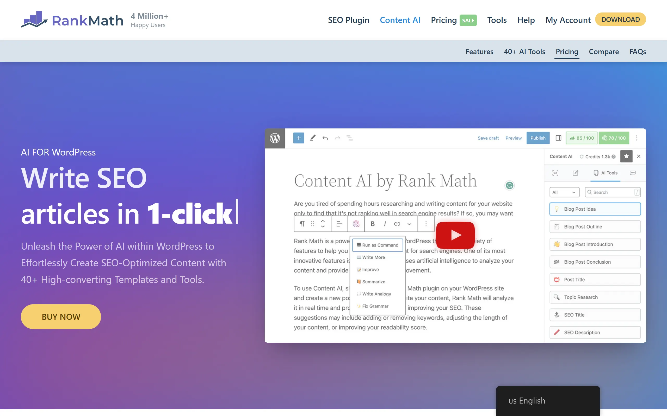 Rank Math Content AI product page showing the editor sidebar