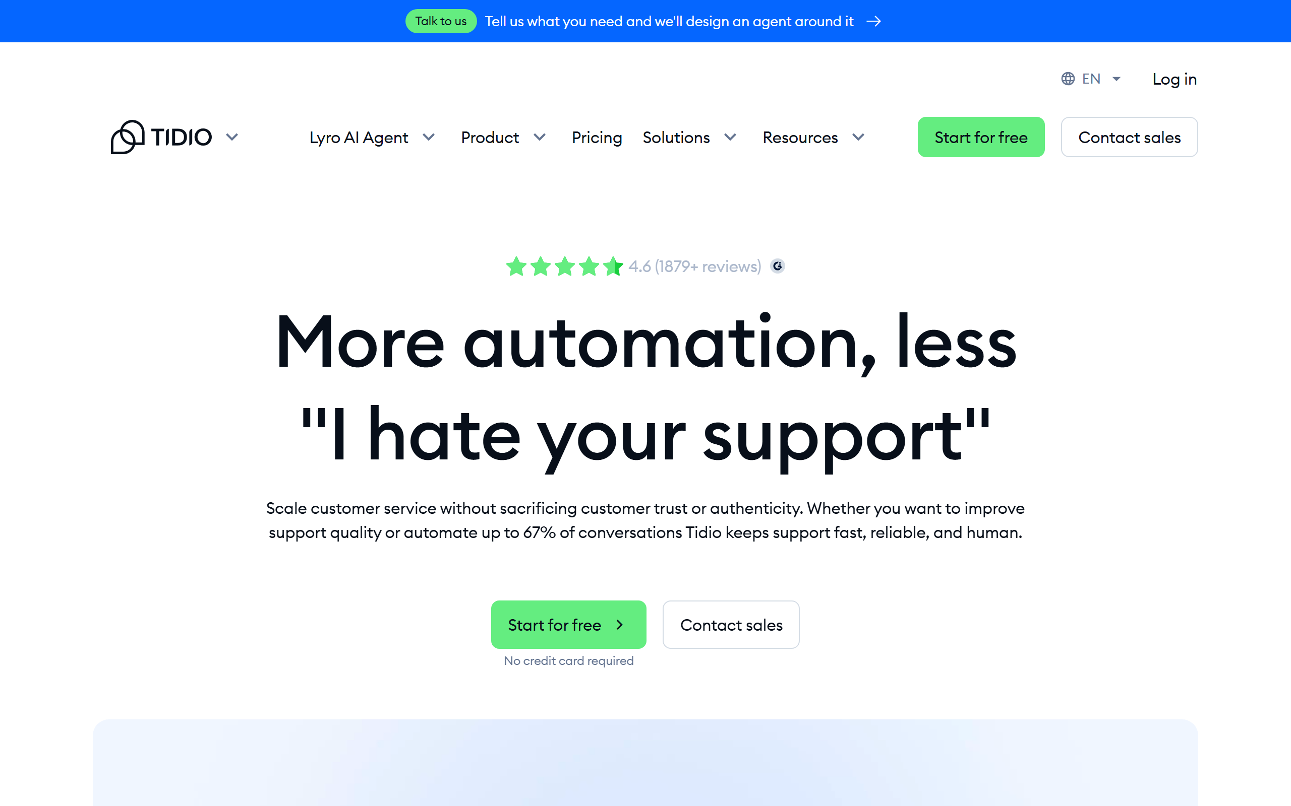 Tidio homepage showing the Lyro AI agent