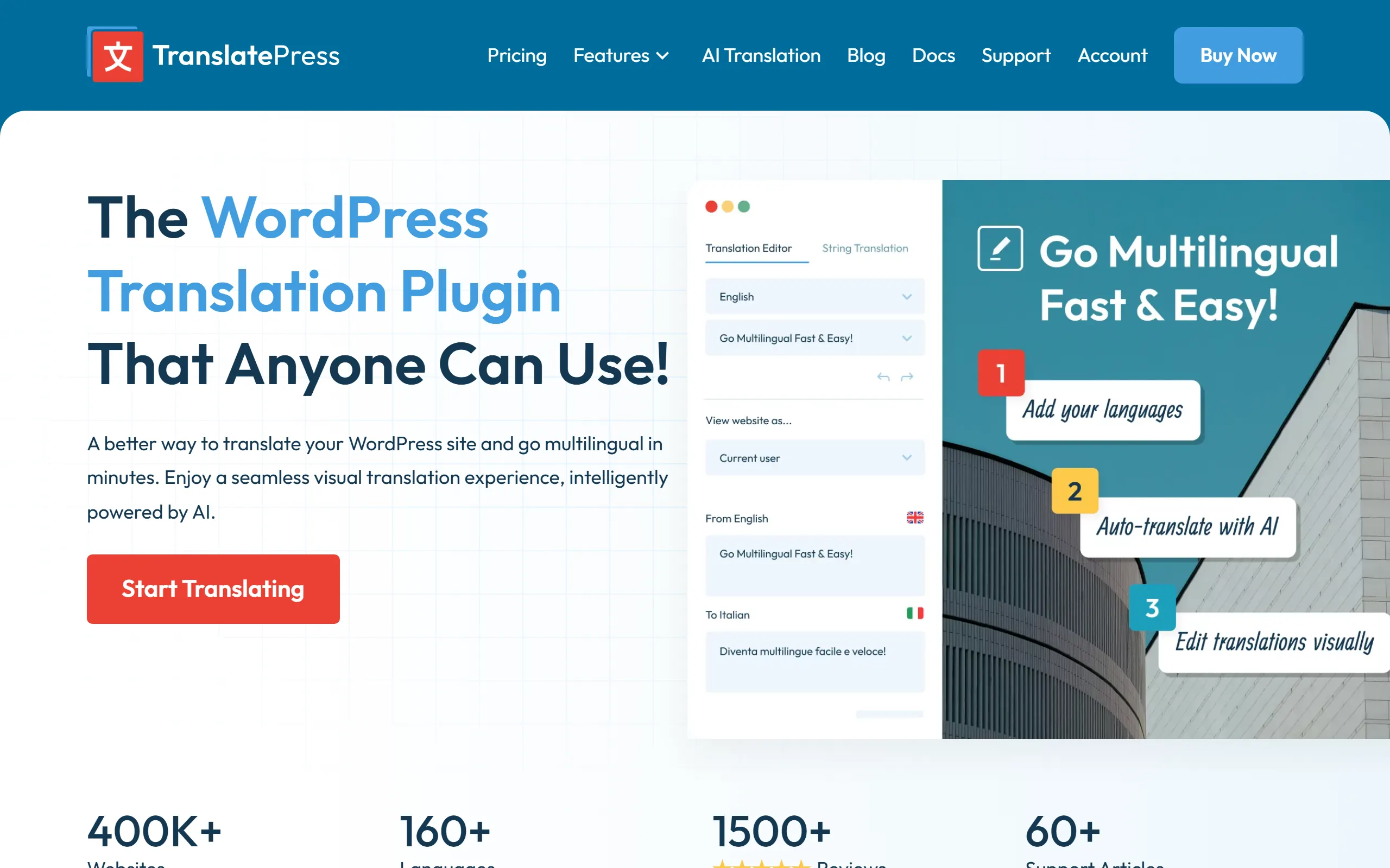 TranslatePress homepage showing the visual translation editor