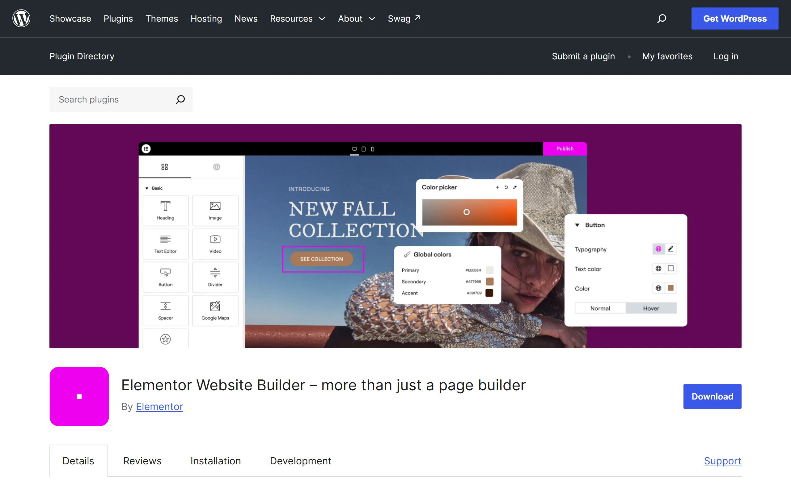 Elementor Website Builder listing on the WordPress.org plugin directory