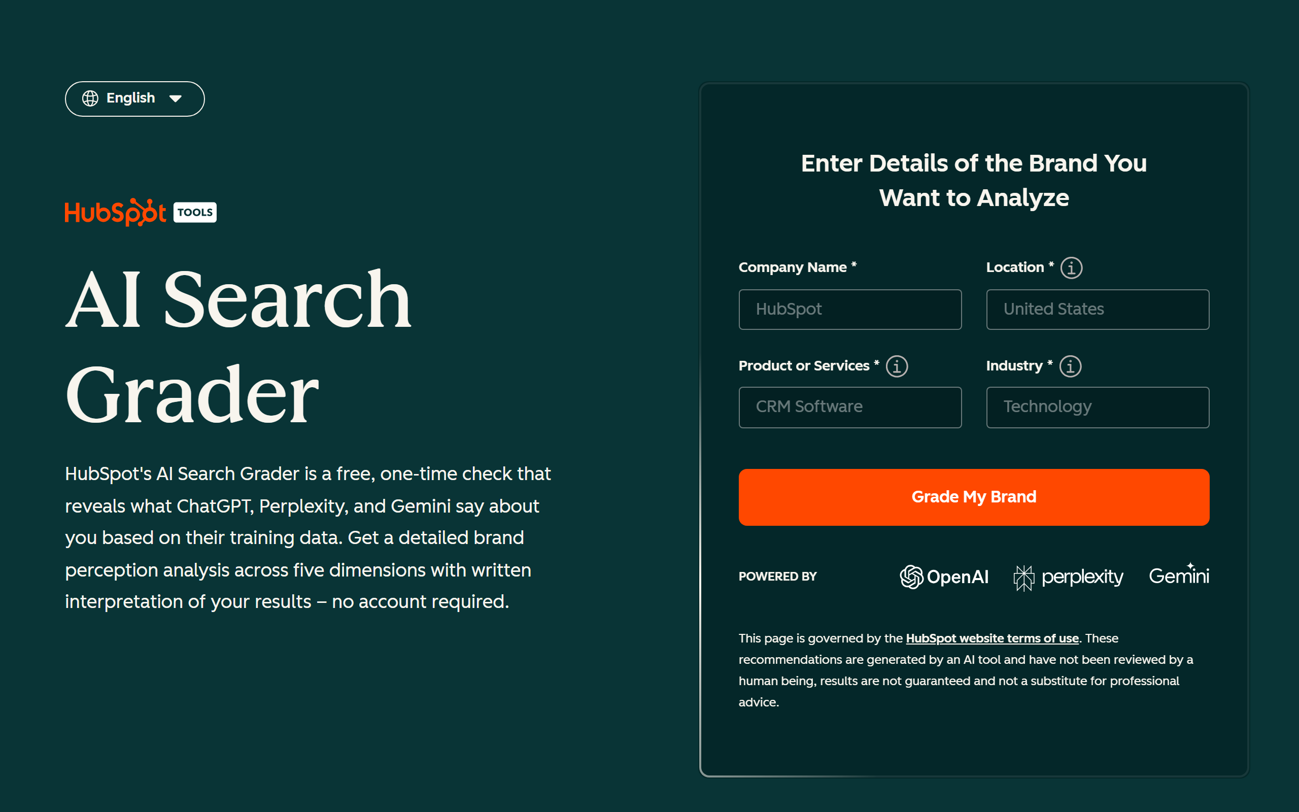 HubSpot AI Search Grader product page screenshot