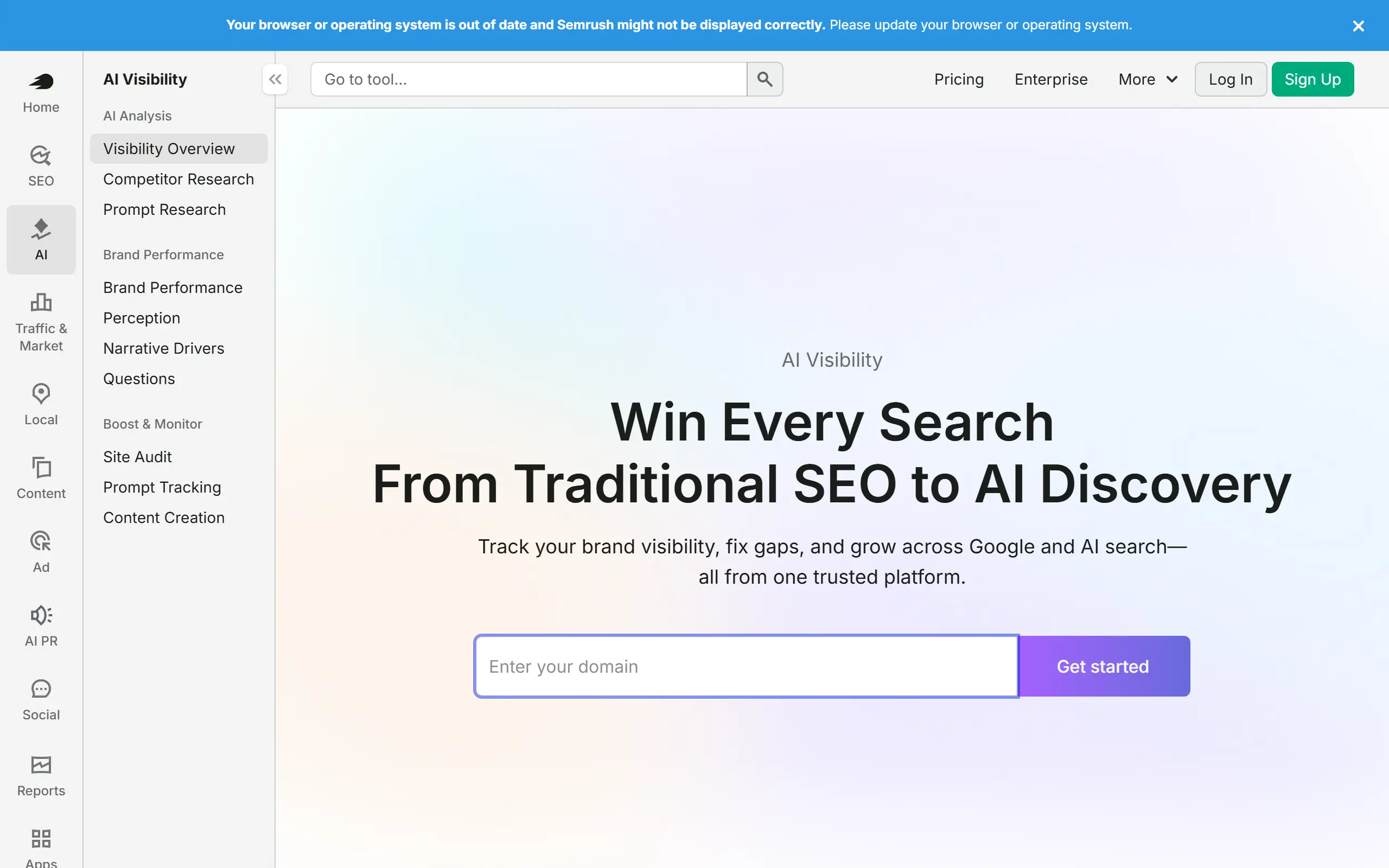 Semrush AI Visibility product page screenshot