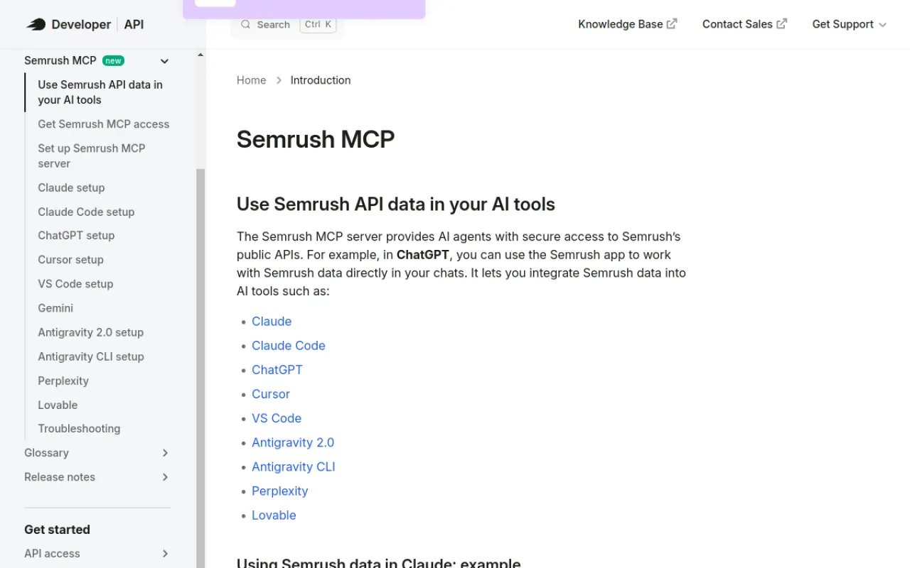 Semrush MCP developer documentation page