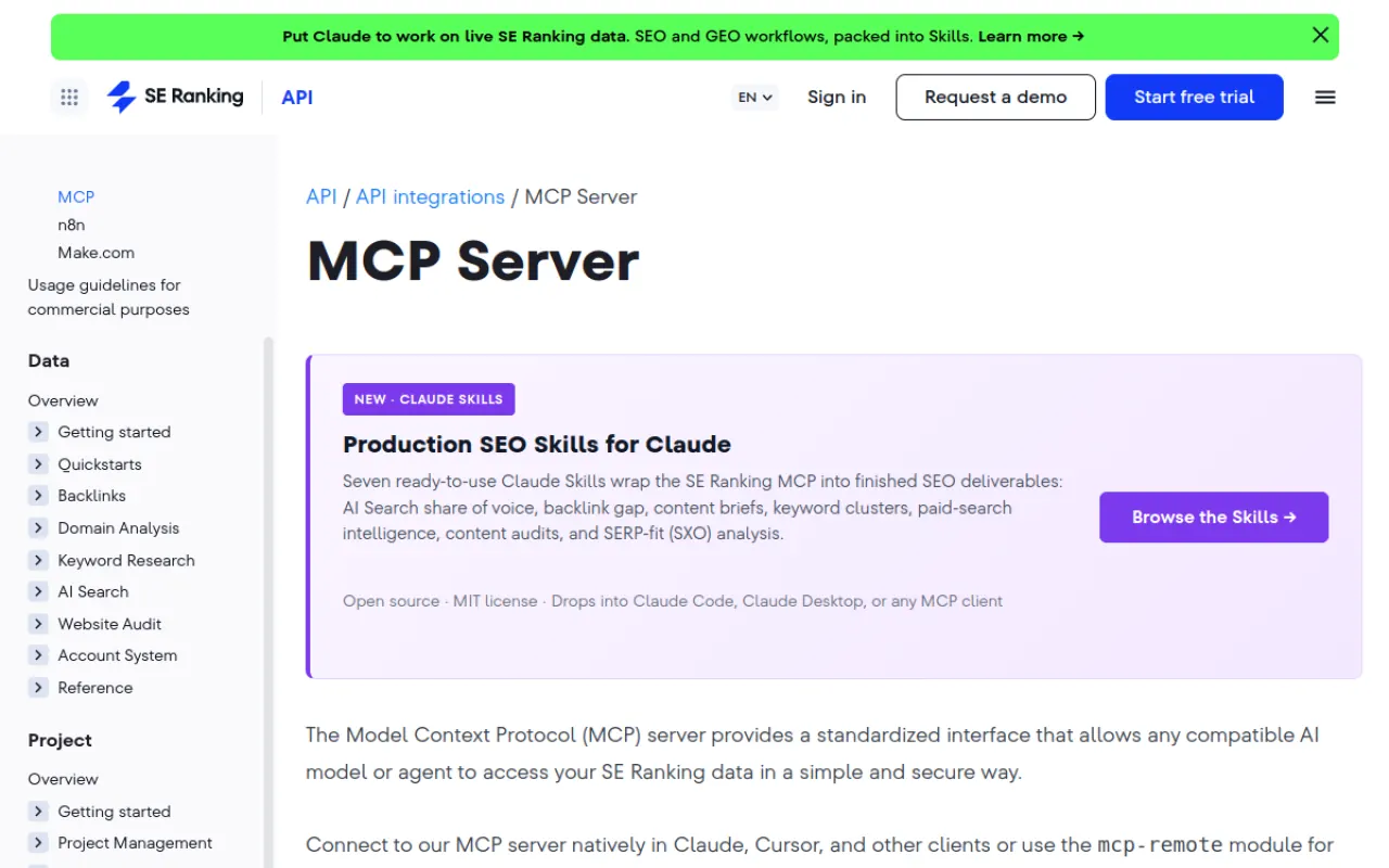 SE Ranking MCP integration documentation page