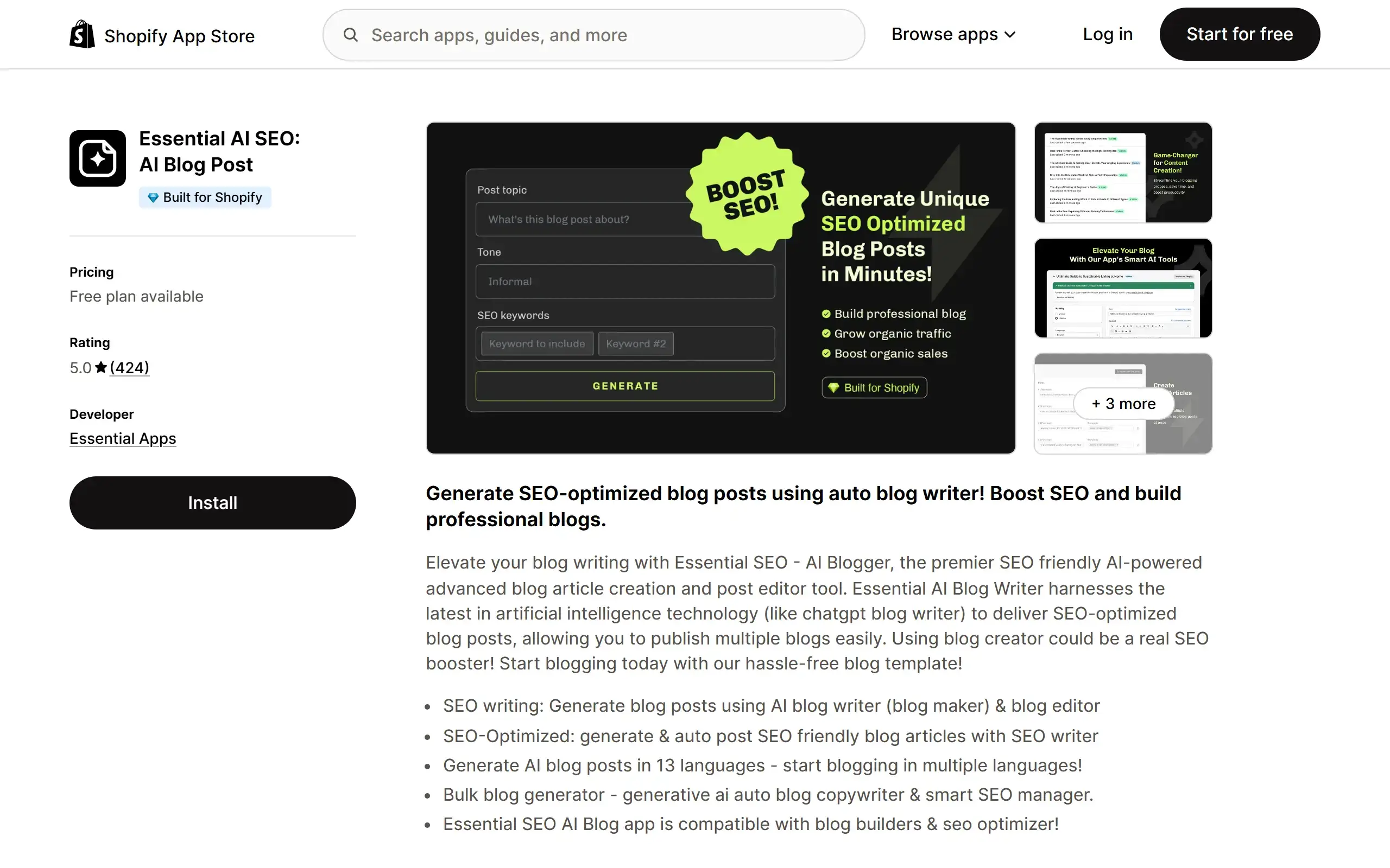 Essential AI SEO: AI Blog Post Shopify App Store listing screenshot