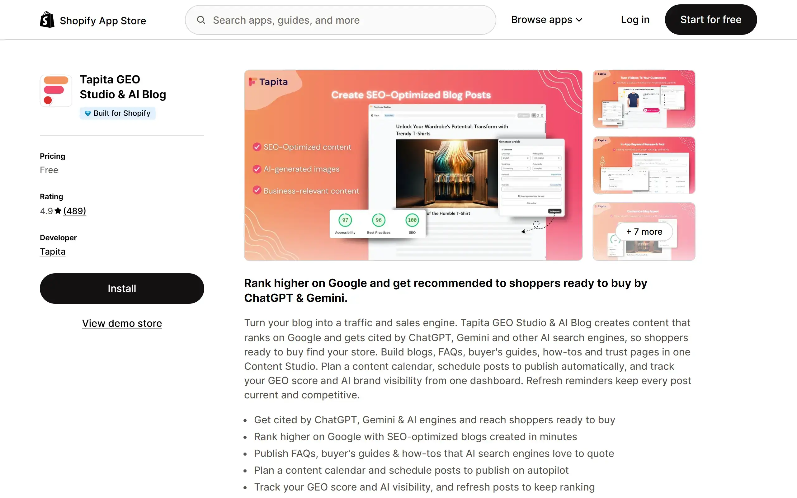Tapita GEO Studio & AI Blog Shopify App Store listing screenshot
