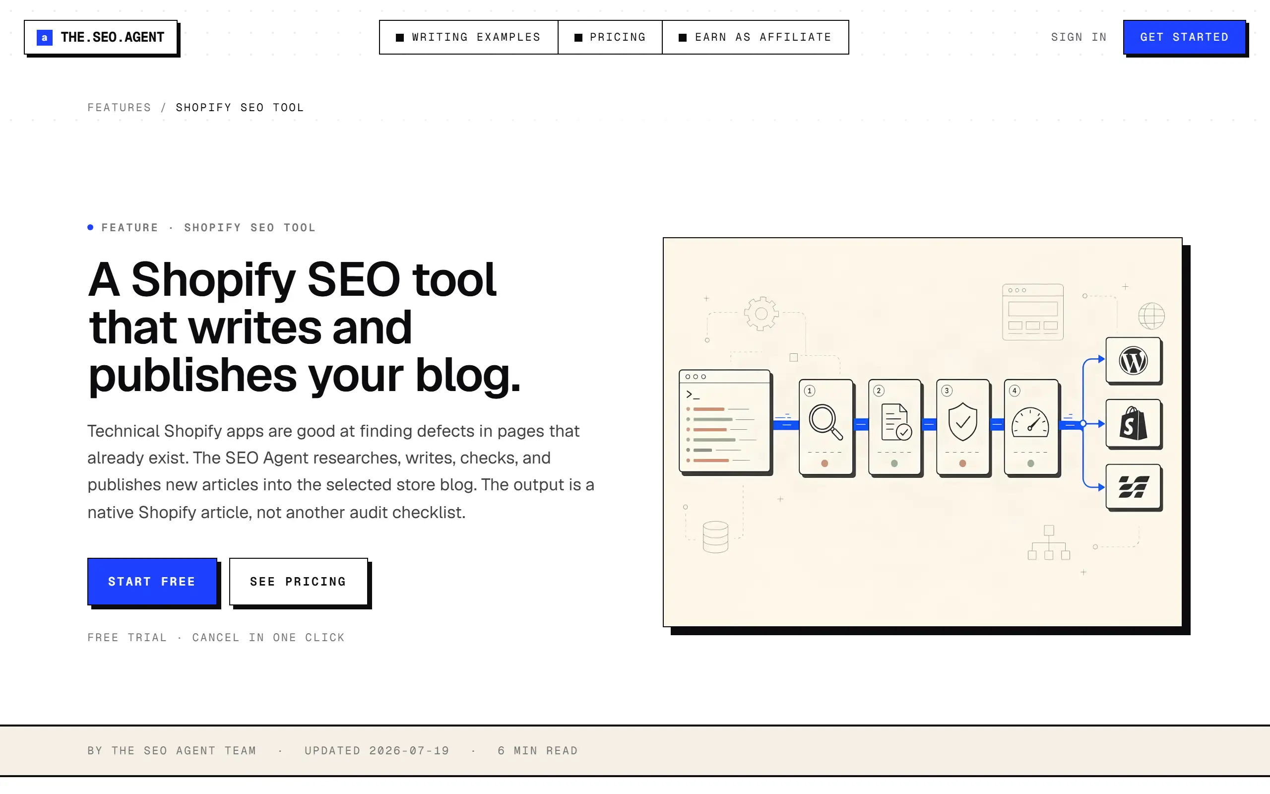 The SEO Agent Shopify SEO tool page screenshot