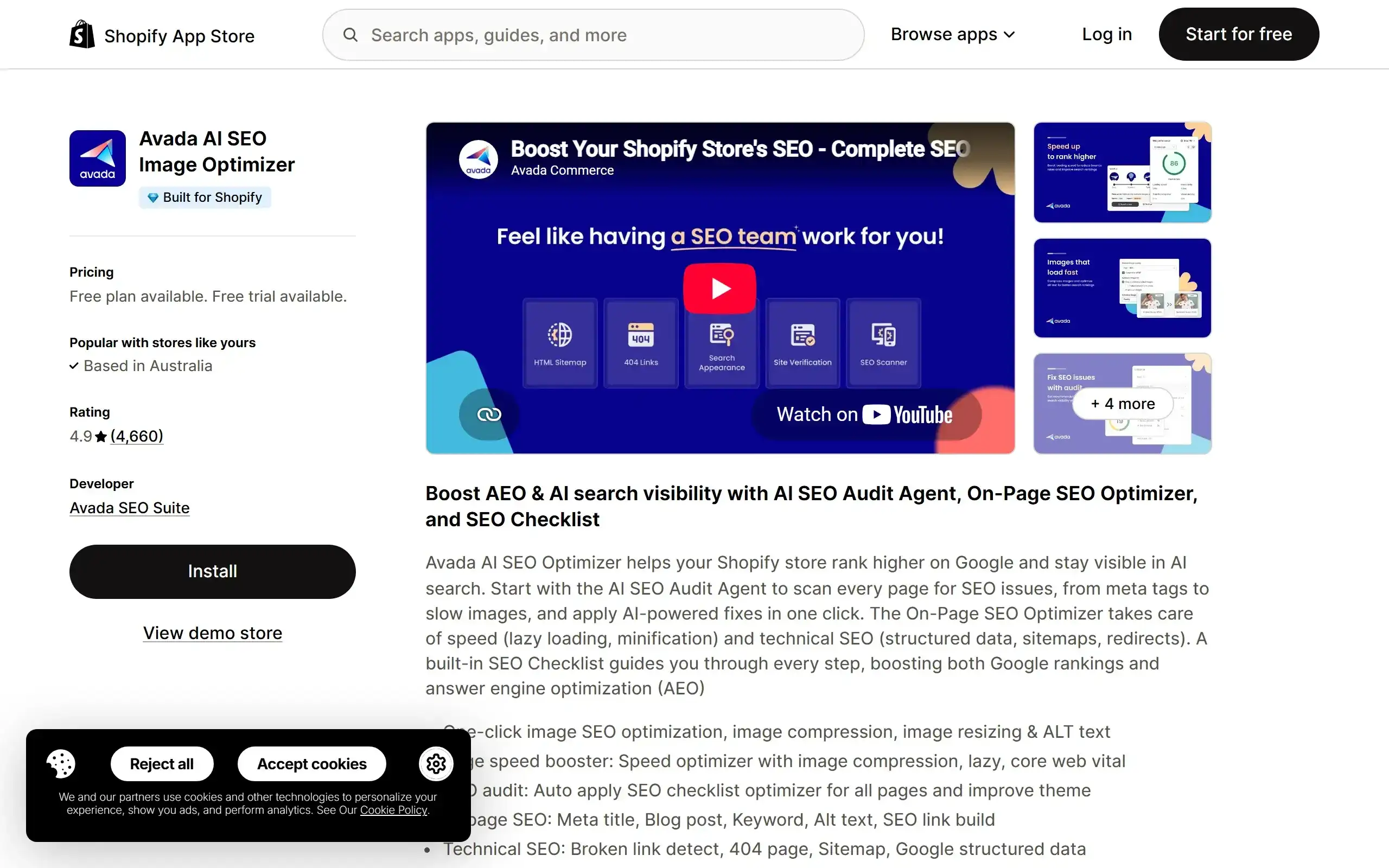 Avada AI SEO Image Optimizer Shopify App Store listing screenshot