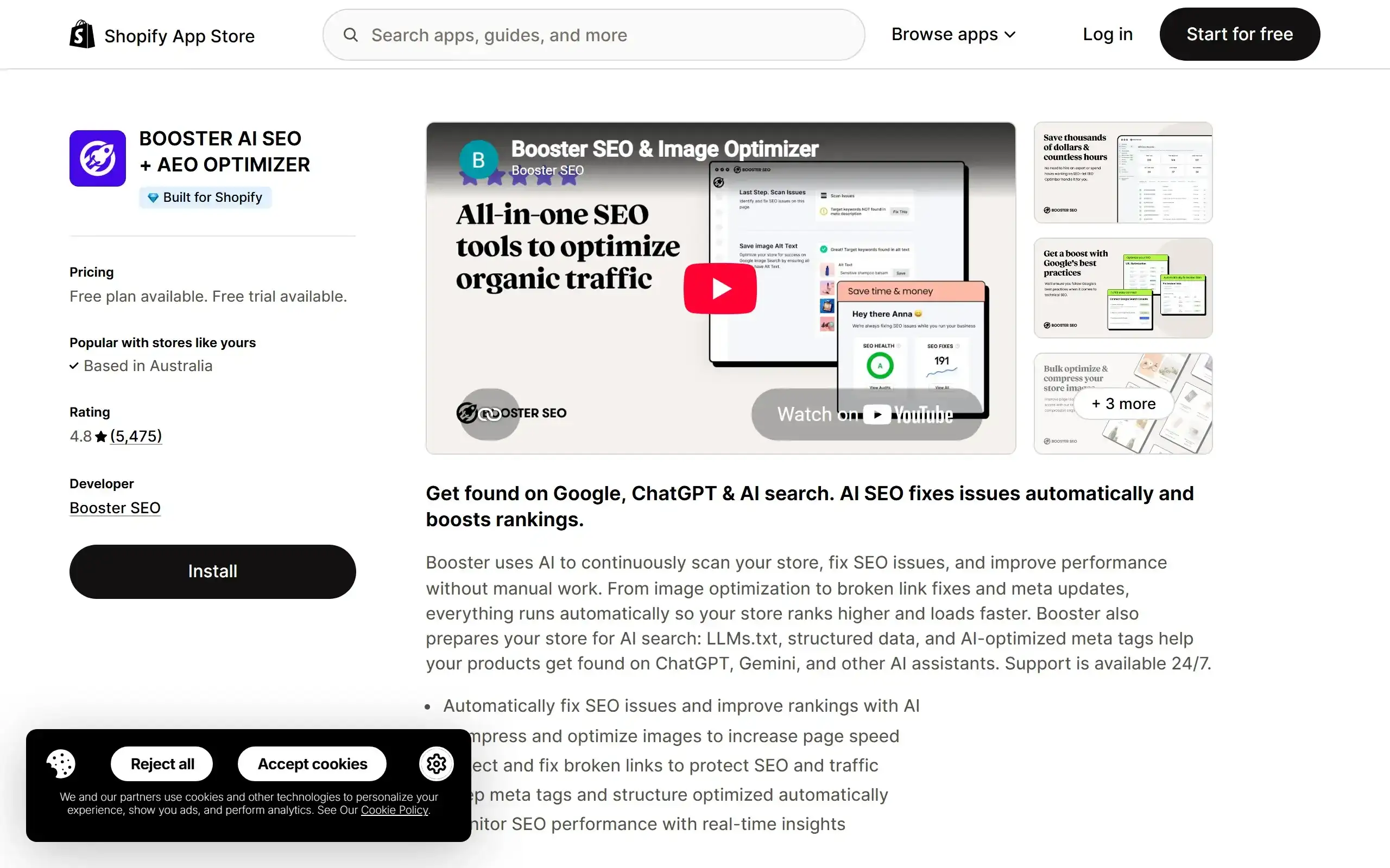 Booster AI SEO + AEO Optimizer Shopify App Store listing screenshot