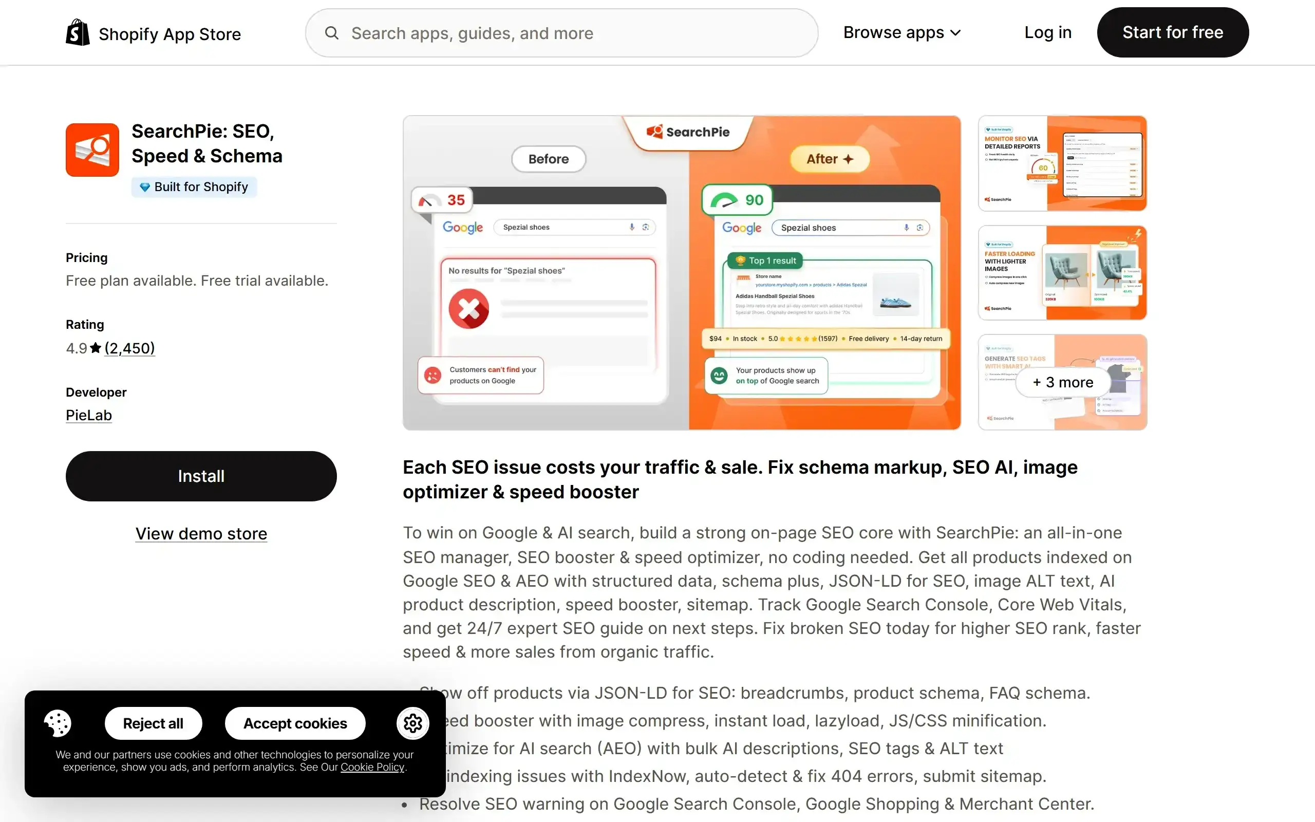 SearchPie: SEO, Speed & Schema Shopify App Store listing screenshot