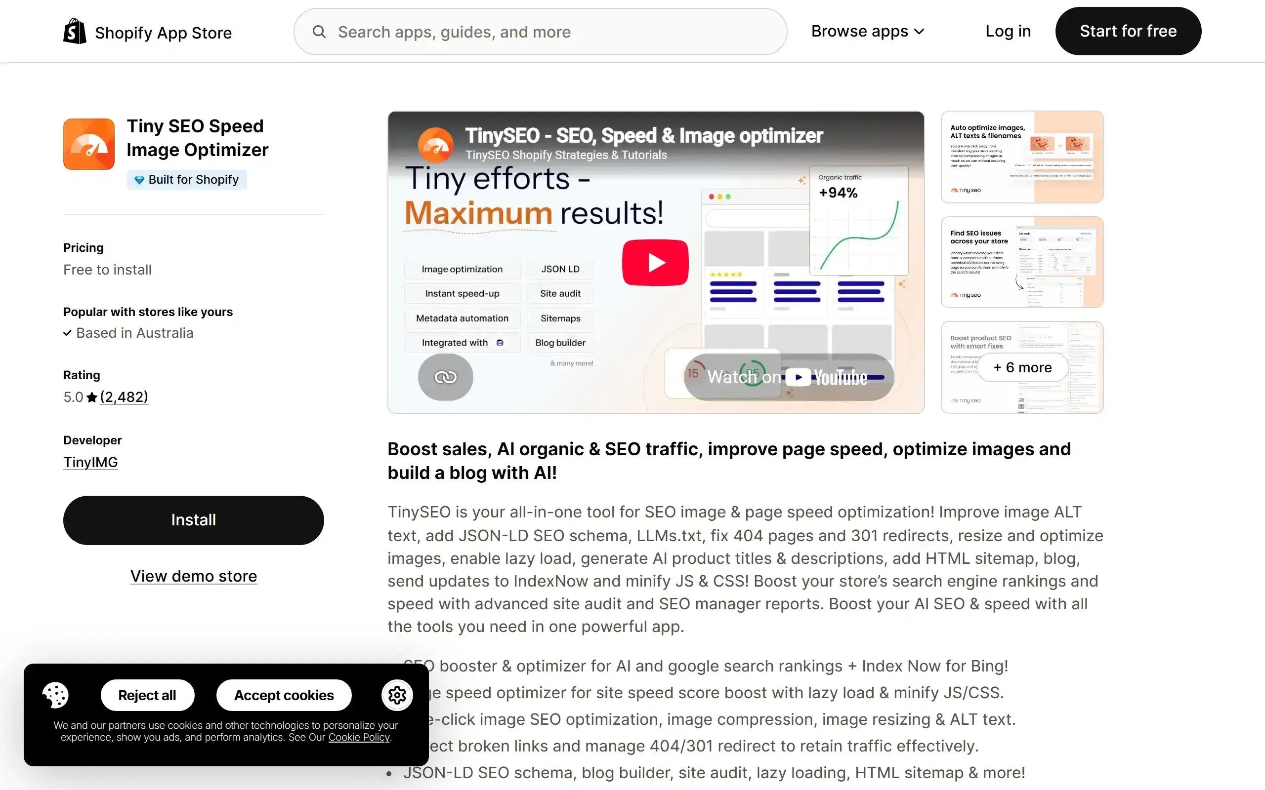 Tiny SEO Speed Image Optimizer Shopify App Store listing screenshot