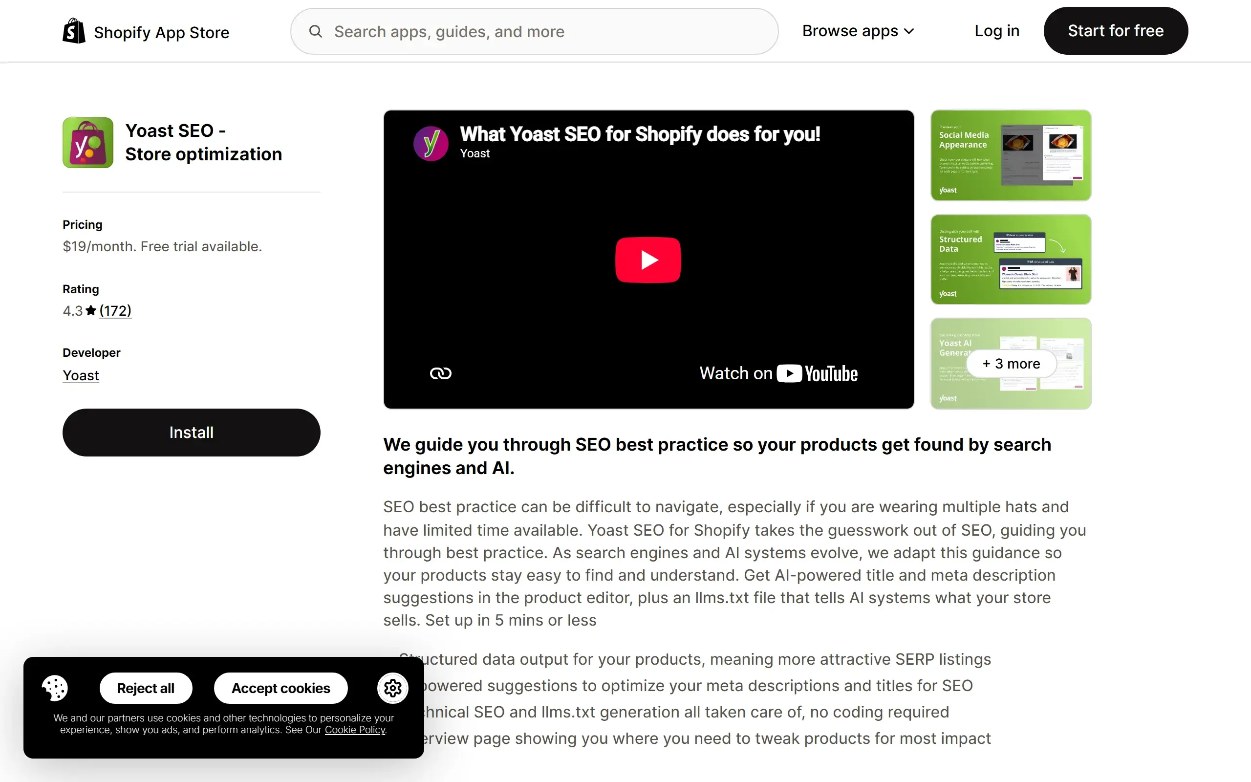 Yoast SEO Shopify App Store listing screenshot