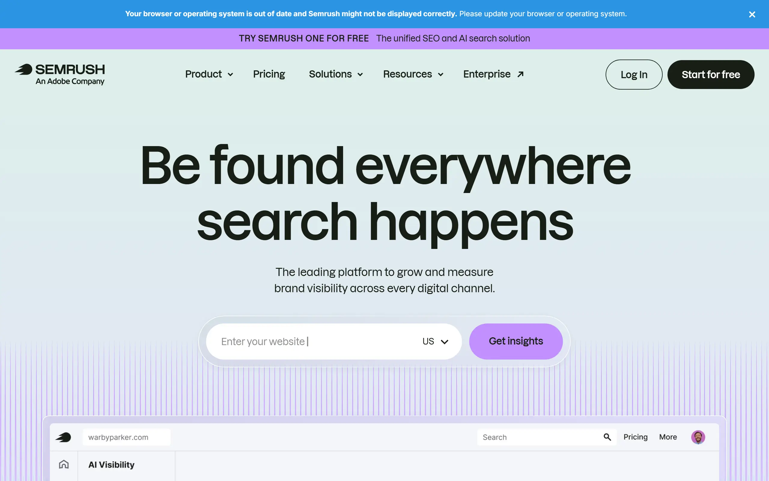 Semrush product page screenshot
