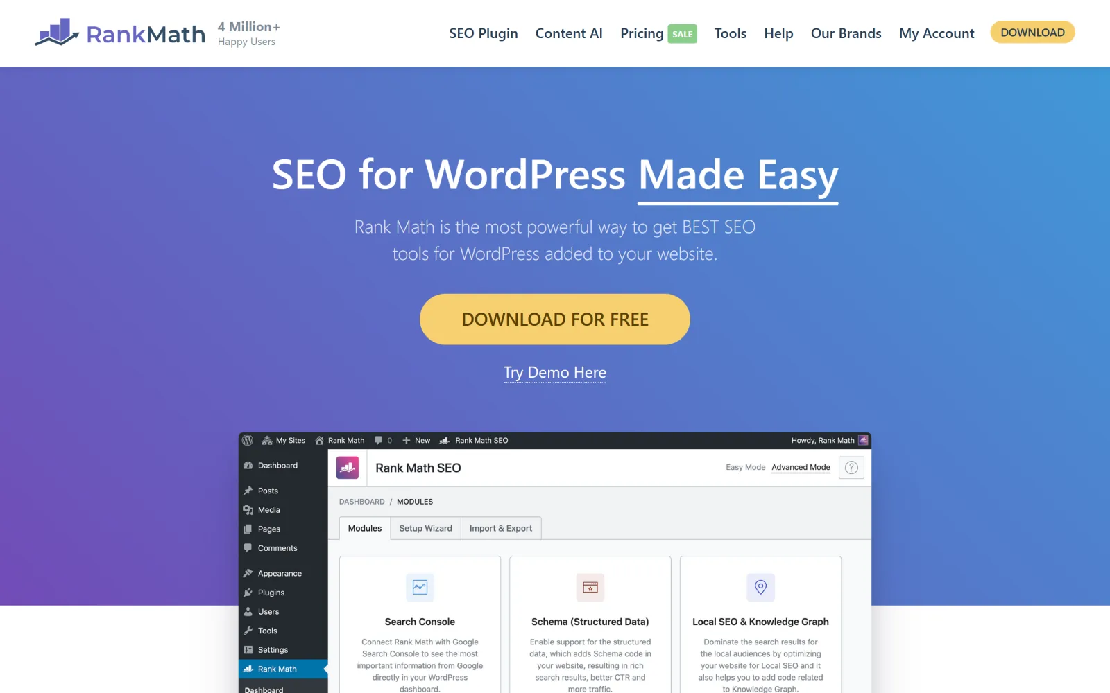 Rank Math homepage for the WordPress SEO plugin