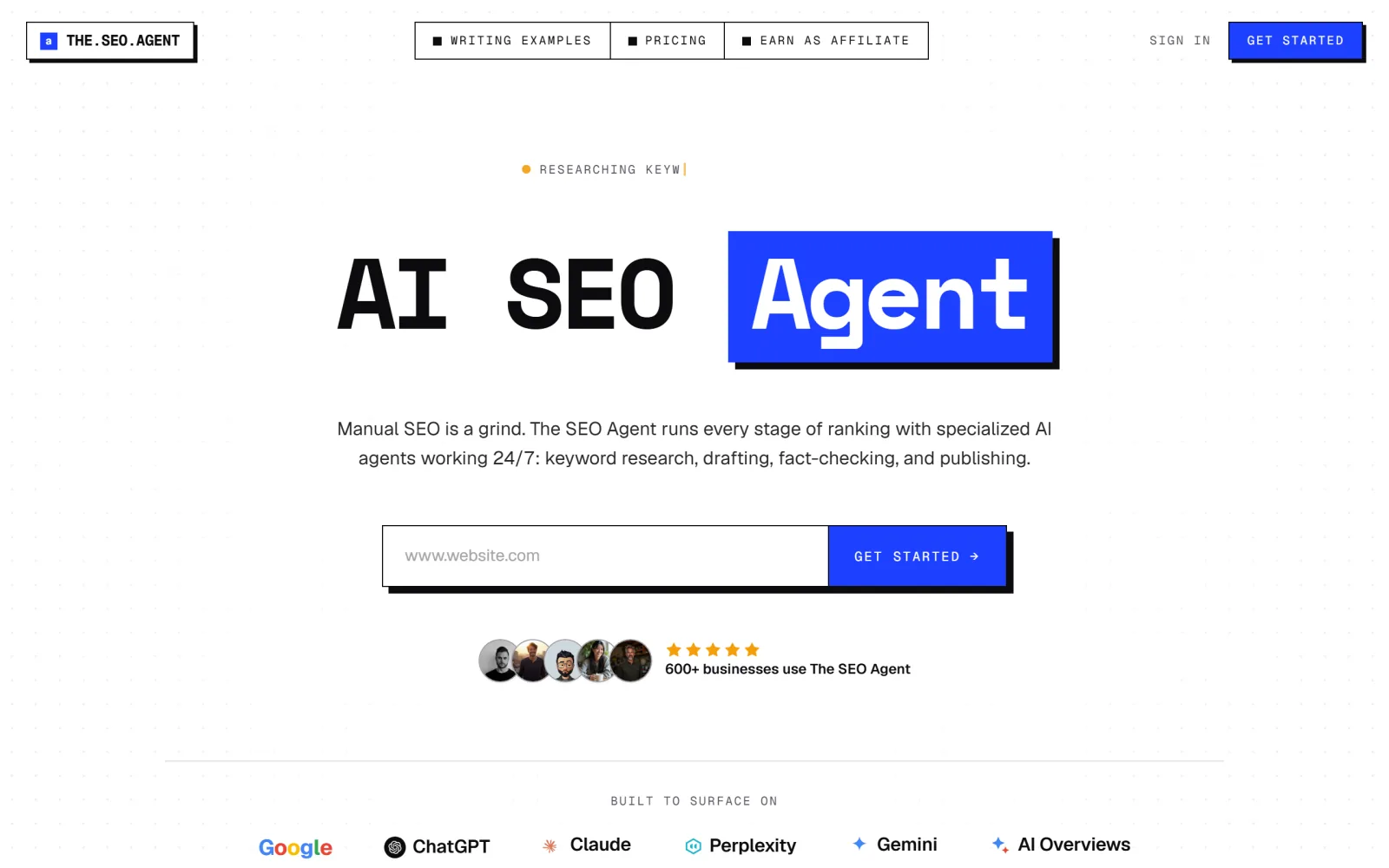 The SEO Agent homepage showing the automated SEO content pipeline