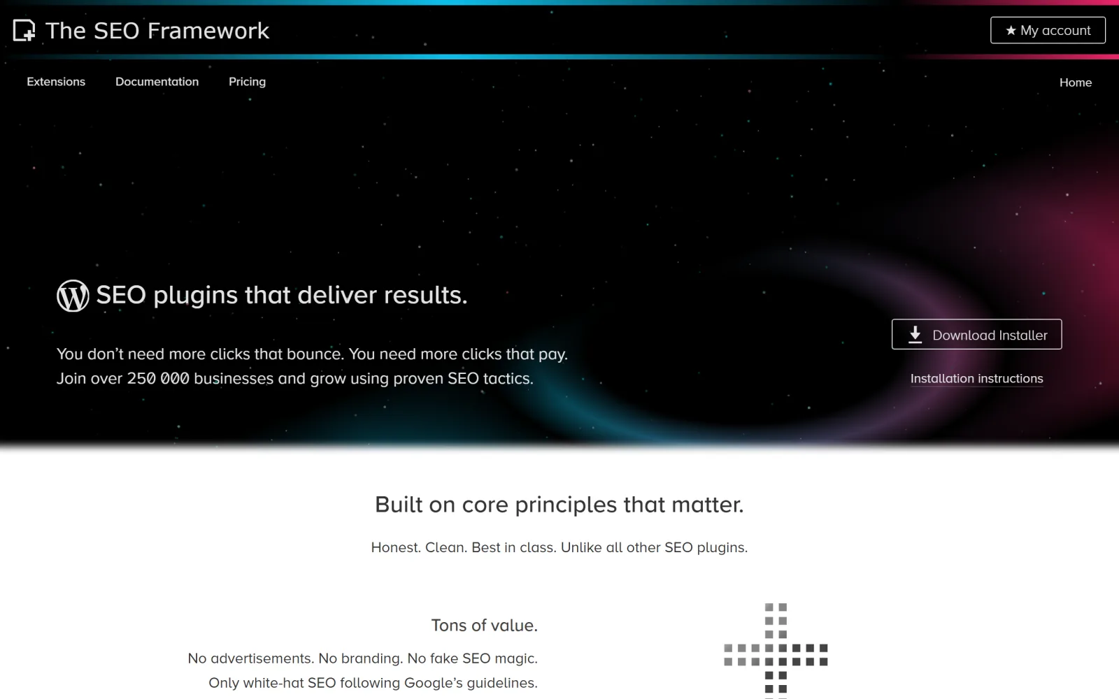 The SEO Framework homepage for the WordPress SEO plugin