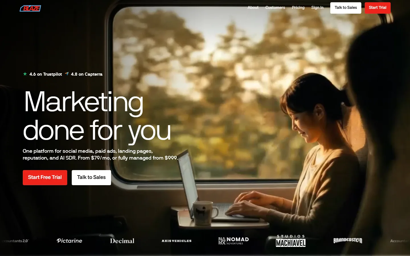 Blaze AI homepage screenshot showing its marketing platform positioning