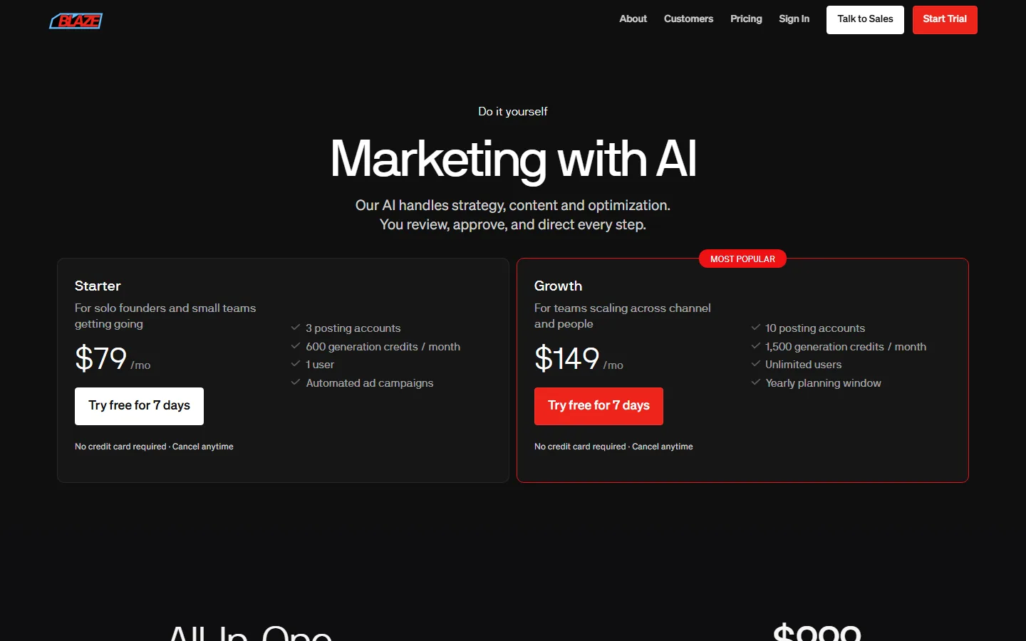 Blaze AI pricing page screenshot showing Starter and Growth plans