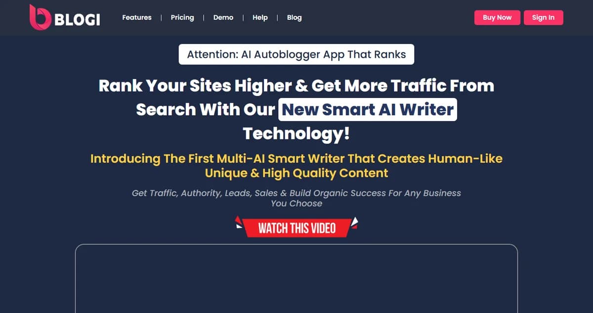 Blogi AI autoblogger homepage screenshot