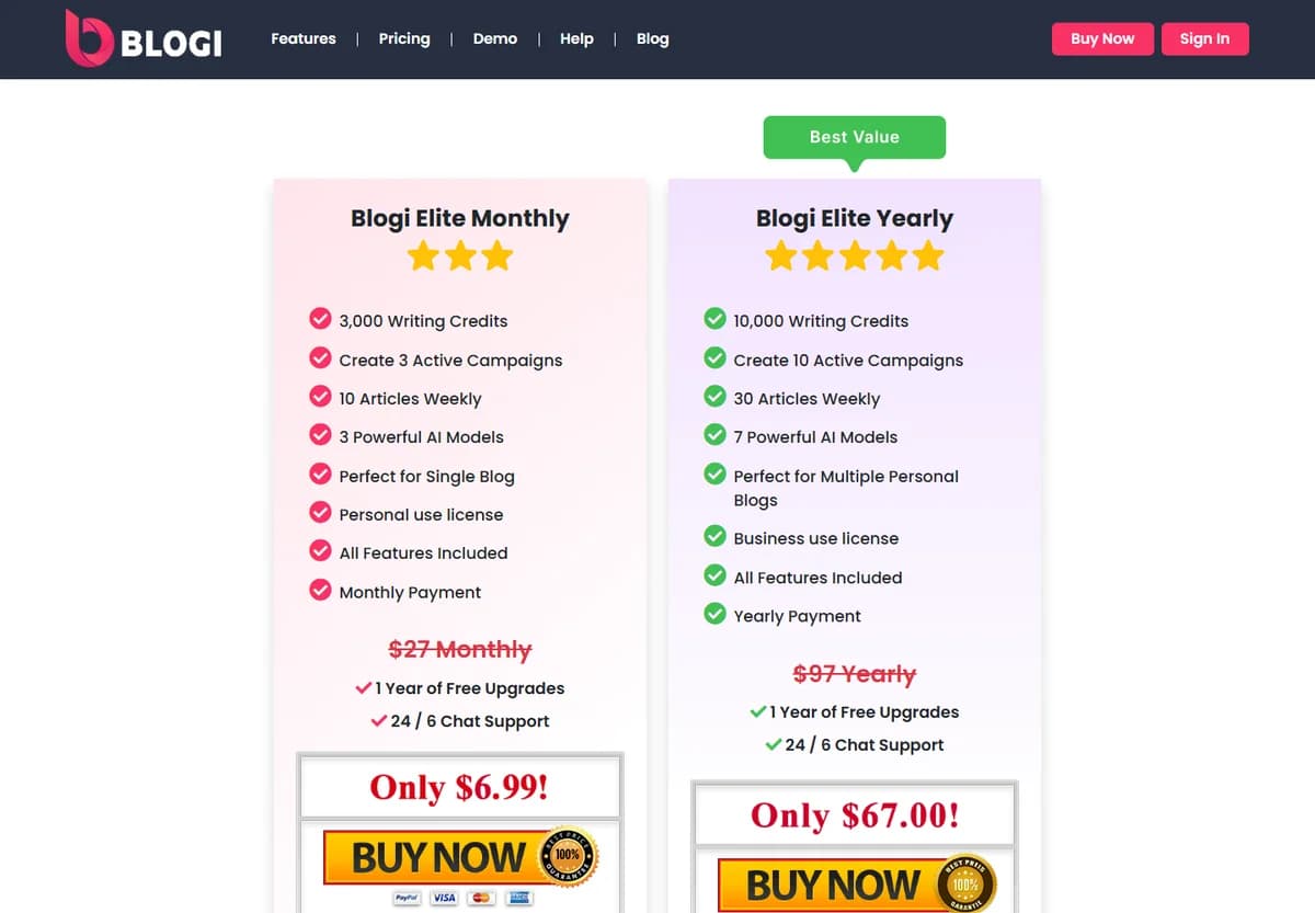 Blogi AI pricing panel showing Elite Monthly and Elite Yearly plans