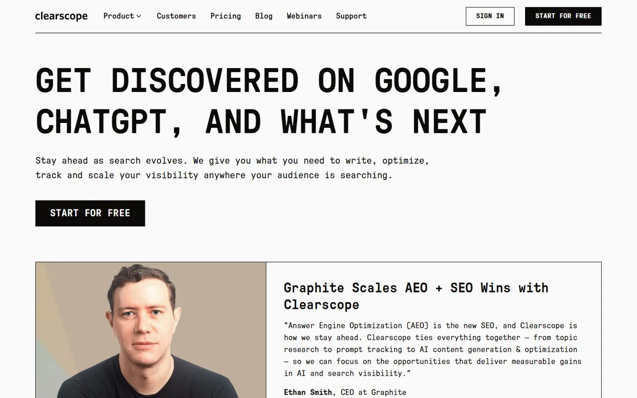Clearscope homepage screenshot showing the Get Discovered on Google, ChatGPT, and What's Next headline