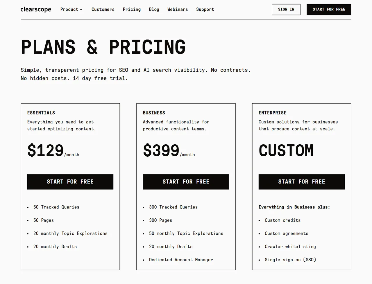 Clearscope pricing page screenshot showing Essentials at 129 dollars, Business at 399 dollars, and a custom Enterprise tier