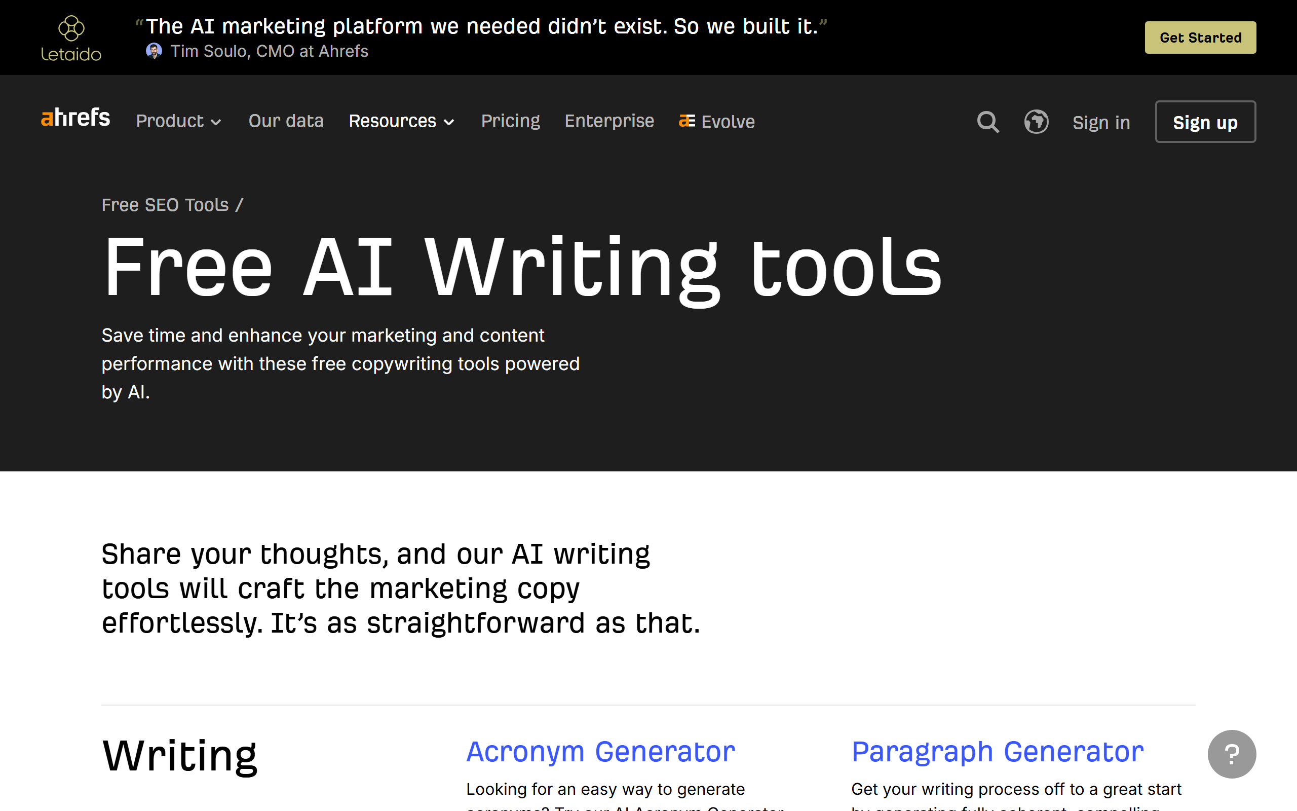 Ahrefs free AI writing tools page, captured 9 October 2026