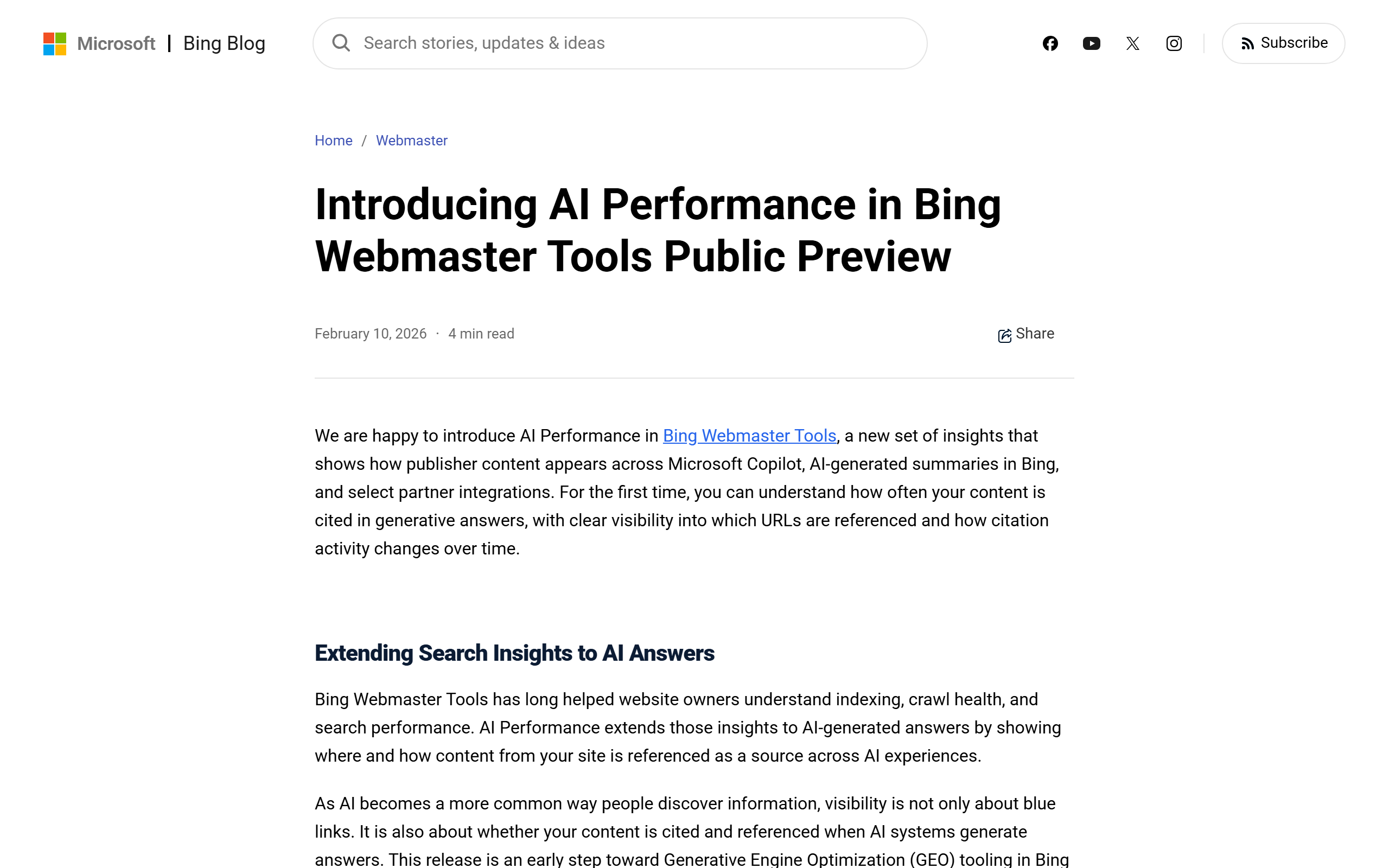 Bing Webmaster blog post introducing AI Performance in Bing Webmaster Tools, dated 10 February 2026