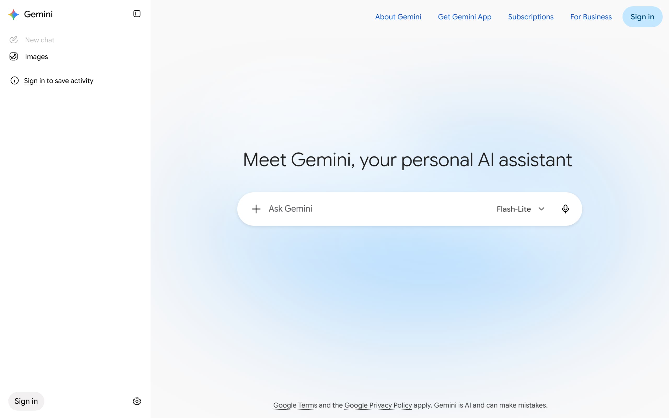 Gemini app for a signed-out visitor with the model picker reading Flash-Lite, captured 9 October 2026