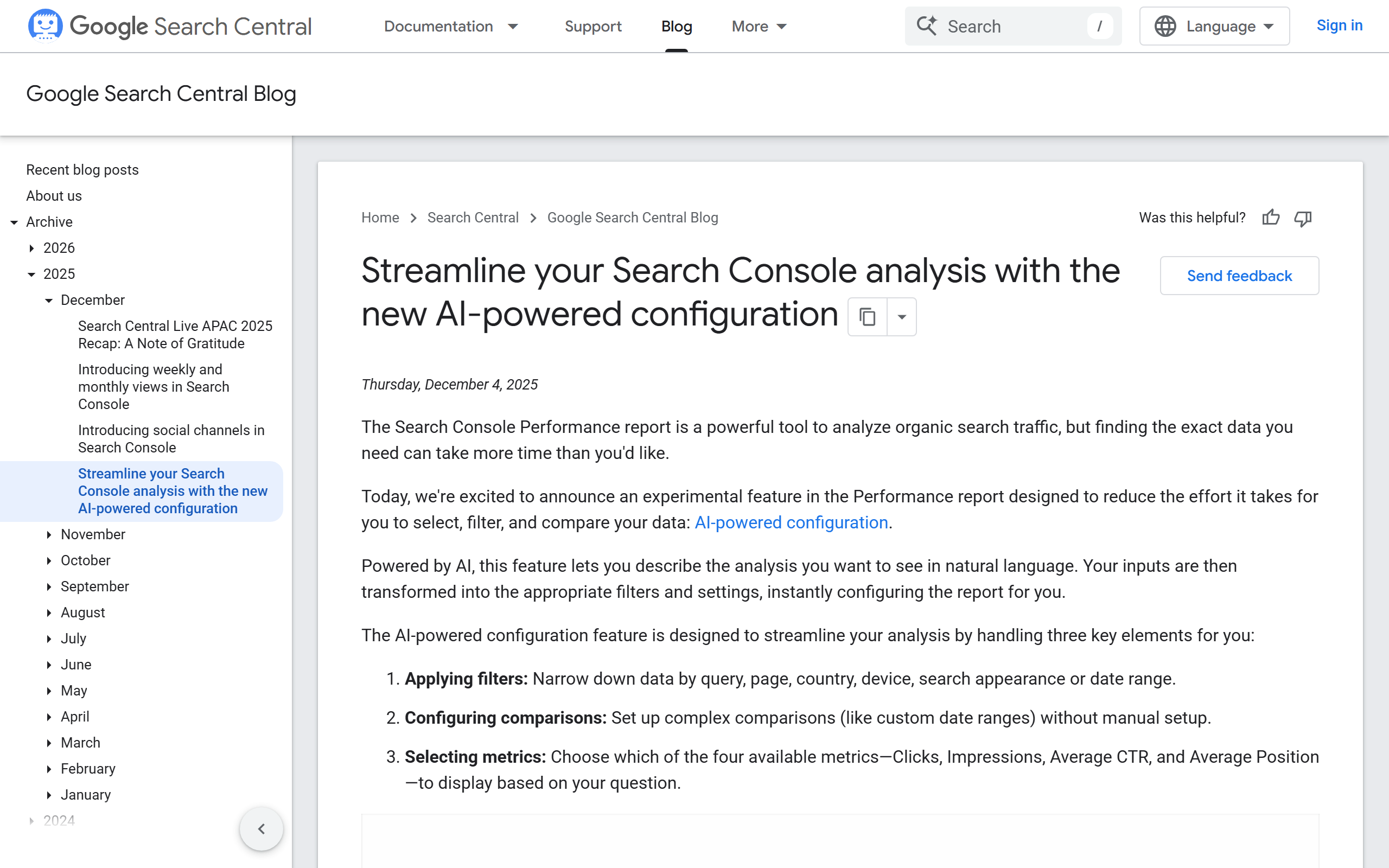 Google Search Central blog post on the AI-powered configuration in Search Console, dated 4 December 2025
