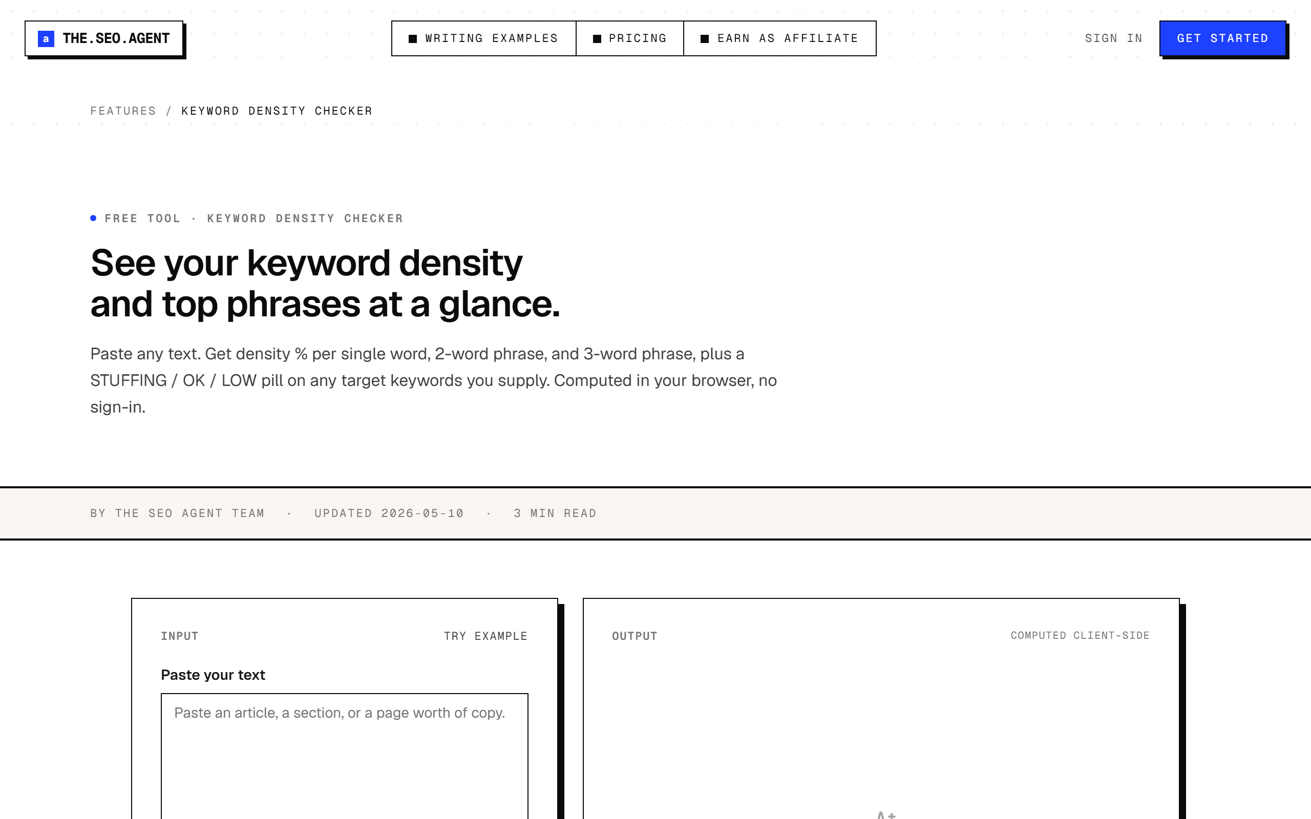 The SEO Agent keyword density checker page, captured 9 October 2026