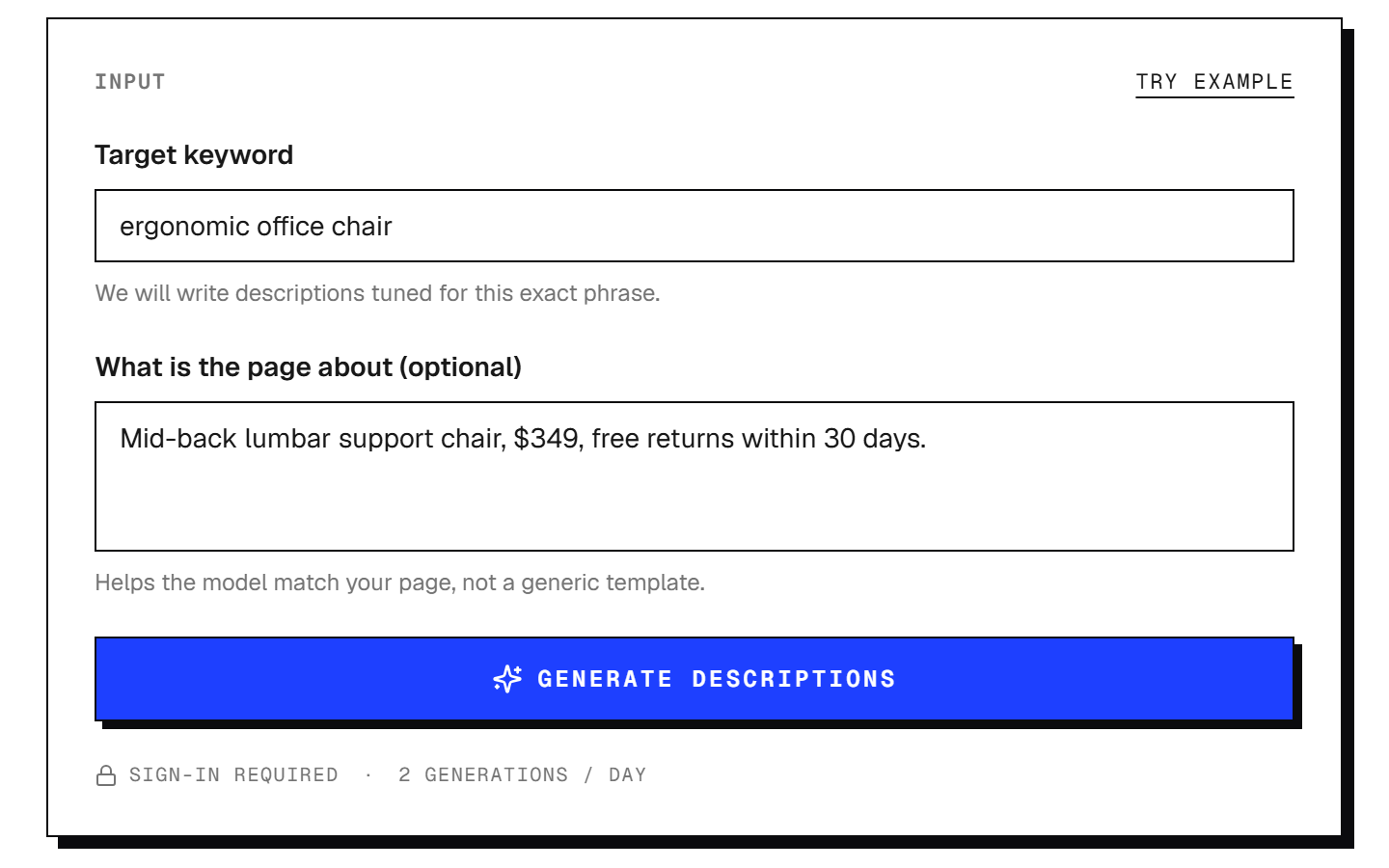 The SEO Agent meta description generator input form with an example keyword loaded, captured 9 October 2026