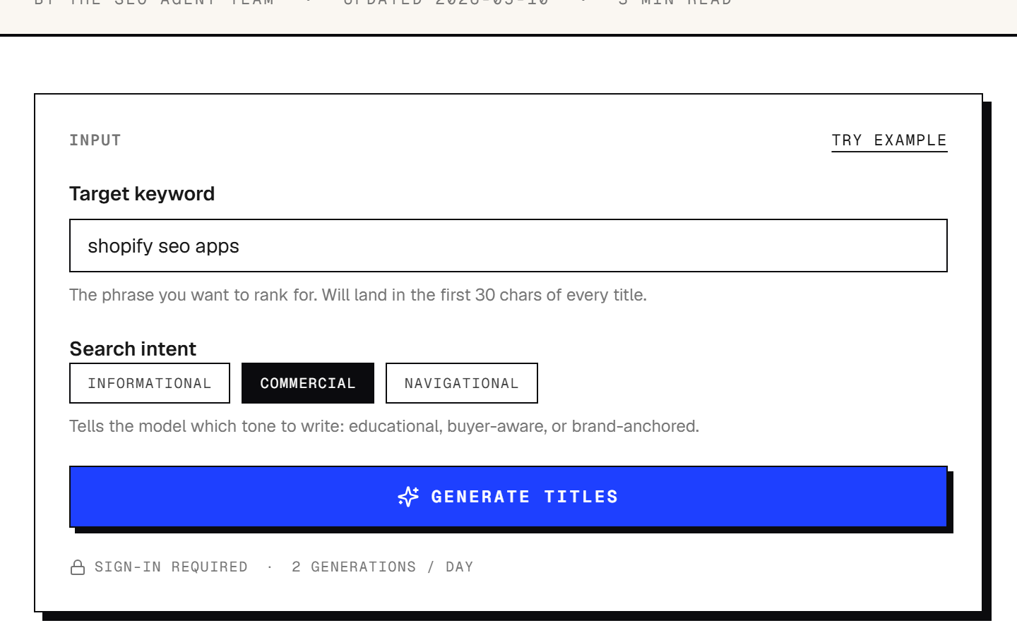 The SEO Agent SEO title generator input form with a keyword and a search intent selected, captured 9 October 2026
