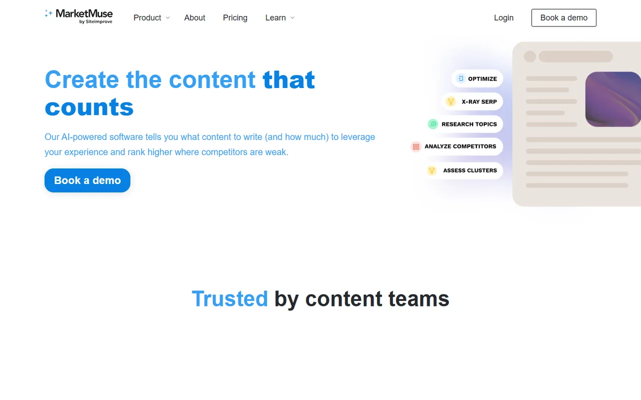 MarketMuse homepage screenshot showing the by Siteimprove wordmark and the content planning modules