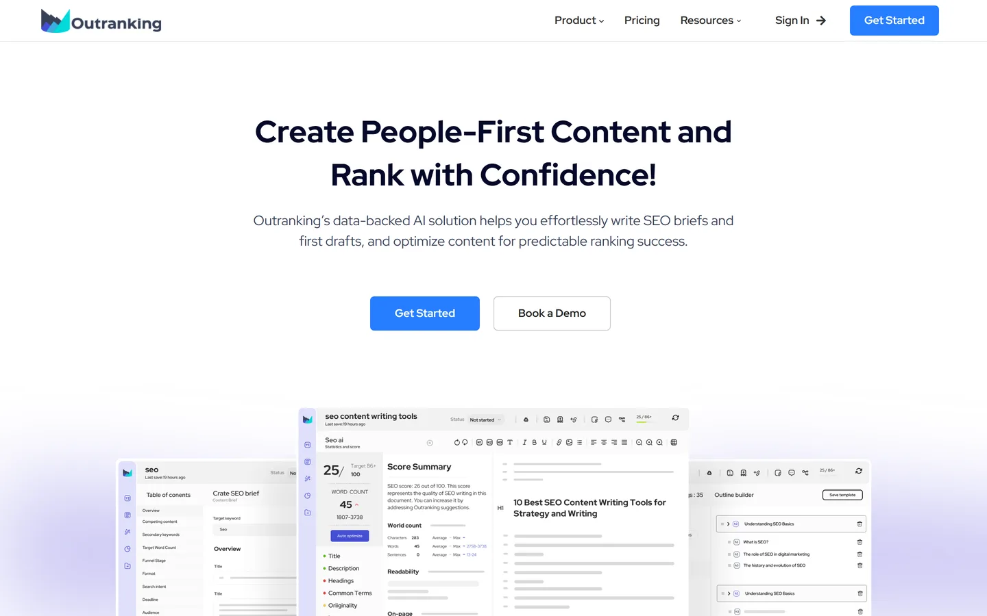 Outranking homepage screenshot showing the Create People-First Content headline and the SEO document editor