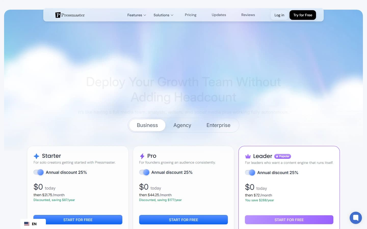 Pressmaster.ai pricing page above the fold