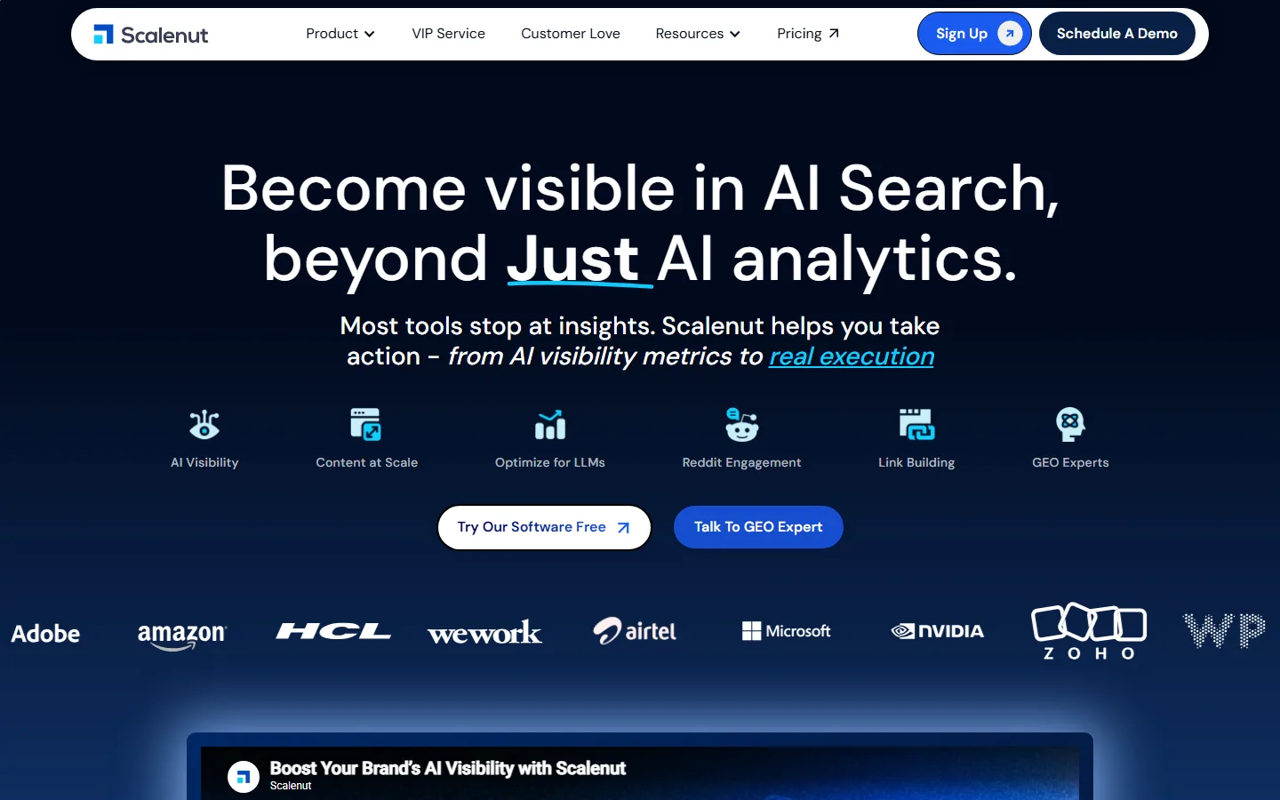 Scalenut homepage screenshot showing the Become visible in AI Search headline and the six product pillars