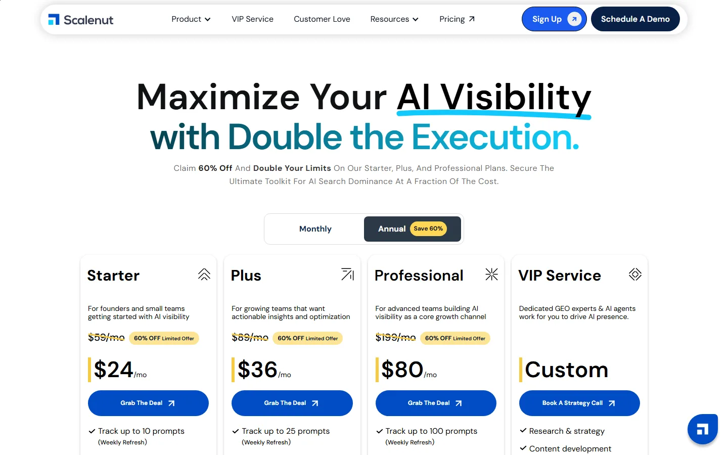 Scalenut pricing page screenshot showing Starter, Plus, Professional and VIP Service tiers with the annual discount toggle selected