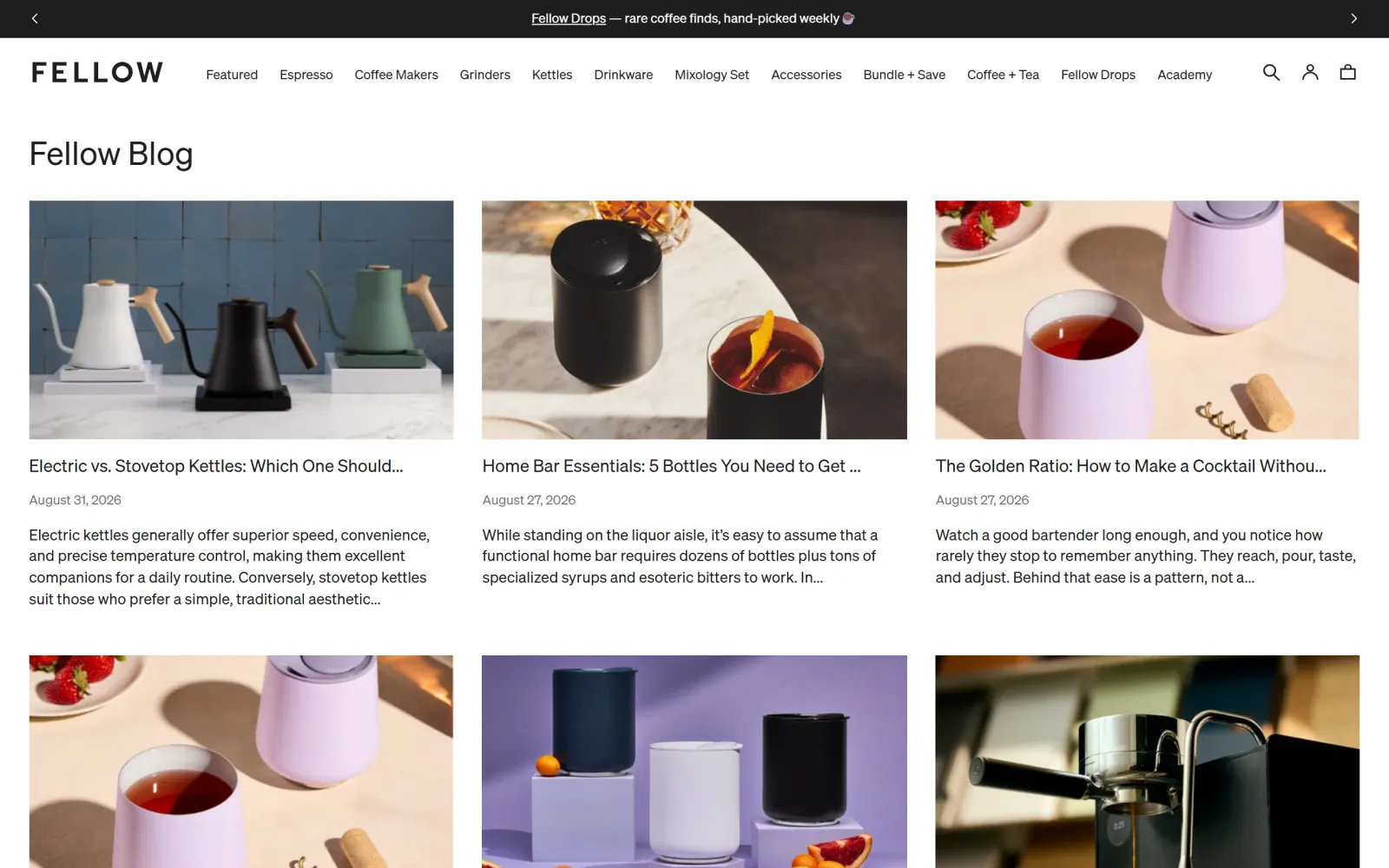 The Fellow Blog listing page at /blogs/learn, showing dated posts including Electric vs. Stovetop Kettles