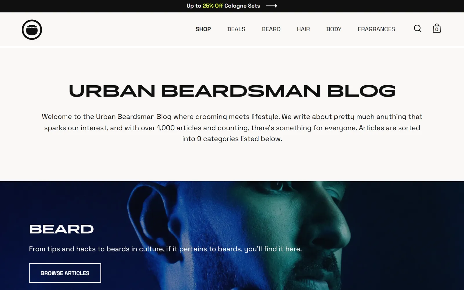 The Urban Beardsman Blog landing page on the Beardbrand Shopify store, describing over 1,000 articles in nine categories