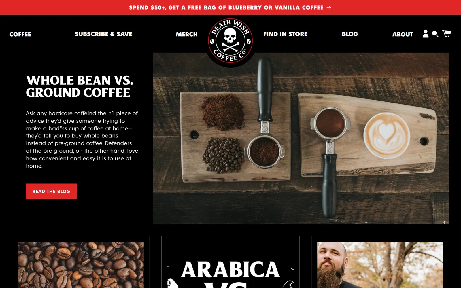 The Coffee Talk blog on the Death Wish Coffee Shopify store, featuring a post titled Whole Bean vs. Ground Coffee
