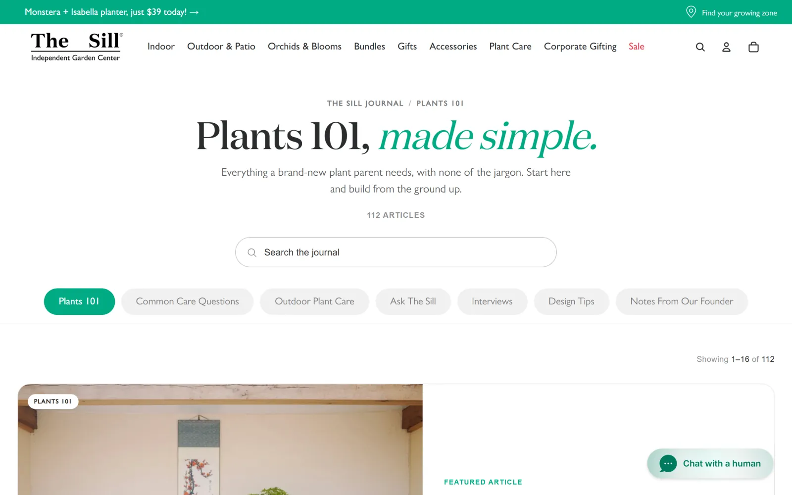 The Sill Journal, the Plants 101 blog page on The Sill Shopify store, showing 112 articles and section tabs