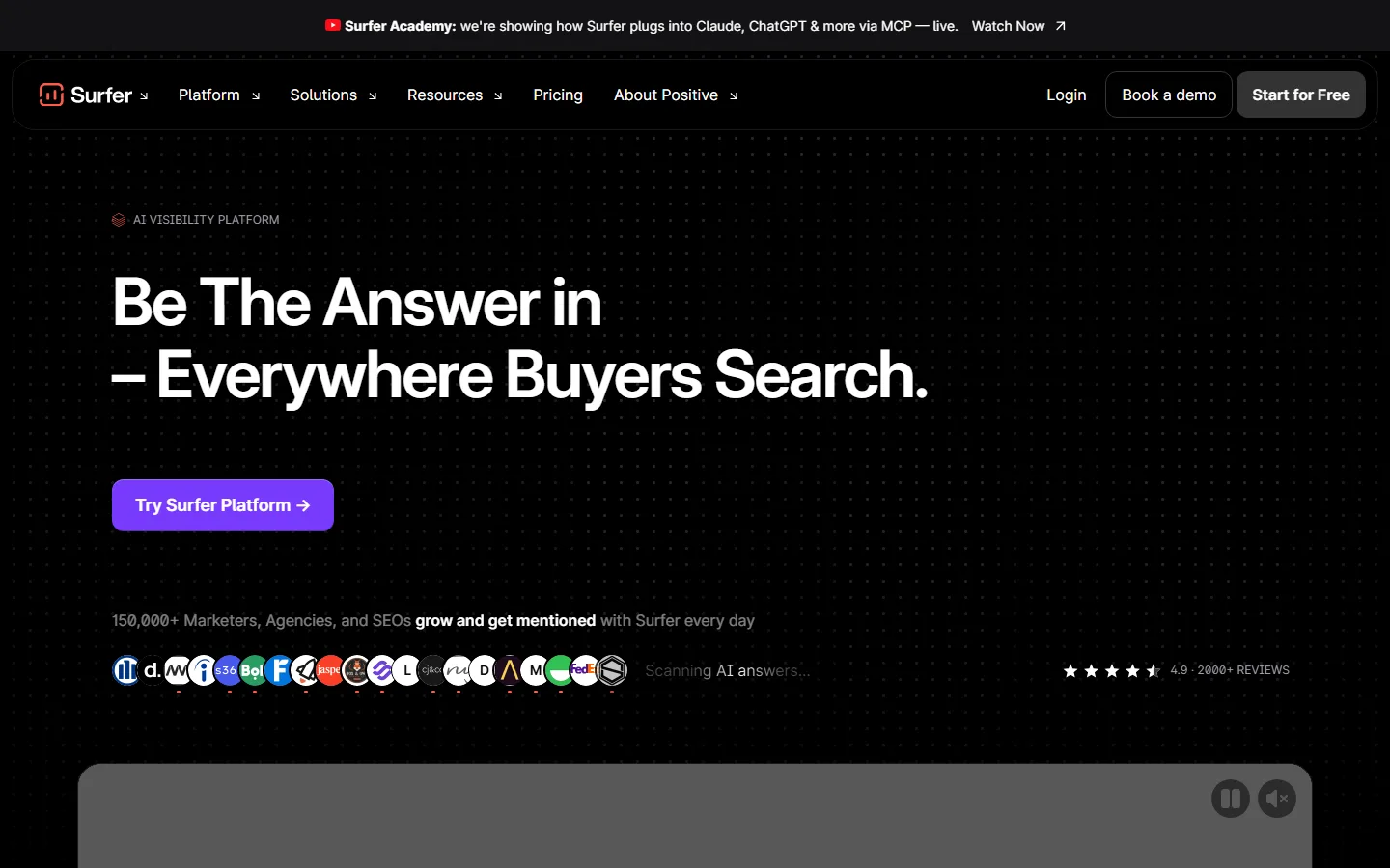 Surfer SEO homepage screenshot showing its AI visibility platform positioning