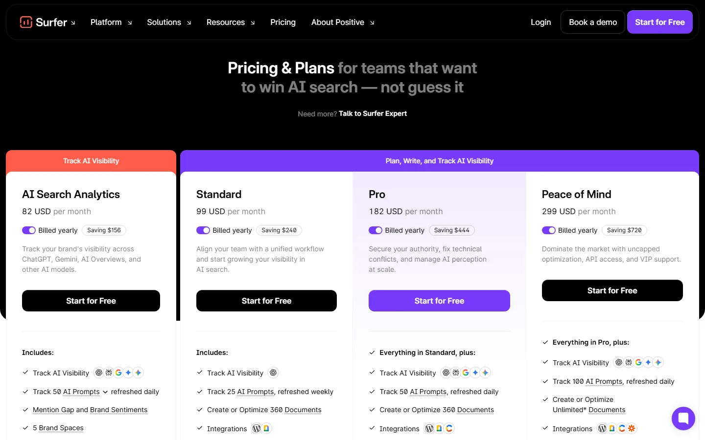 Surfer SEO pricing page screenshot showing four plans