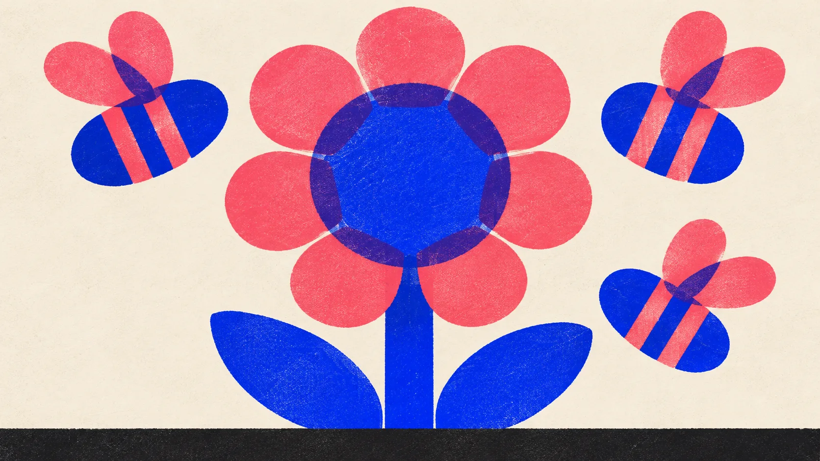 Editorial illustration: one large open flower with three bees hovering around it, standing for the many AI crawlers that visit one site, each taking something different