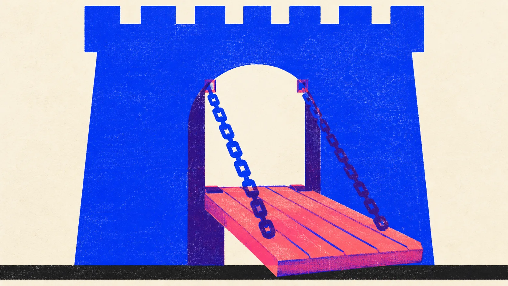 Editorial illustration: a stone gatehouse with its drawbridge lowered halfway on two chains, standing for robots.txt as the gate you raise or lower for each visitor