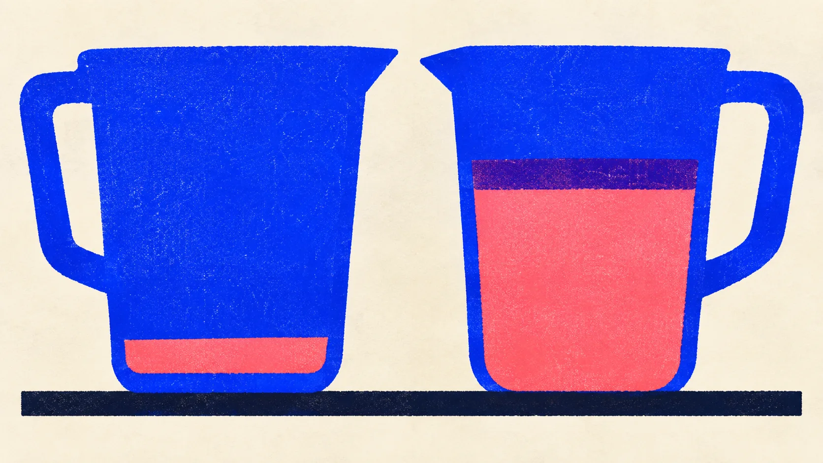 Editorial illustration: two measuring vessels side by side, the second filled far higher than the first