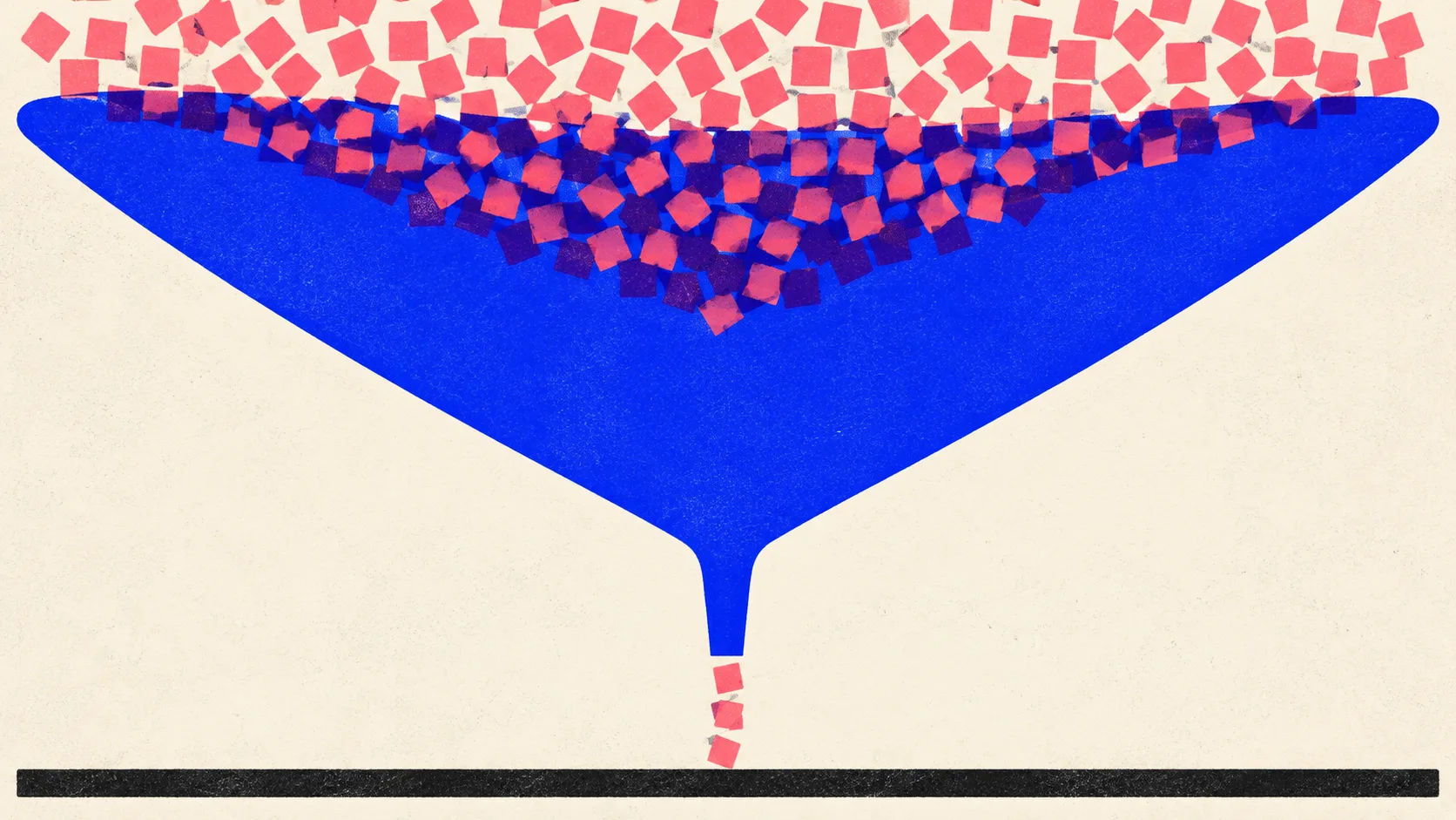 Editorial illustration: a wide funnel swallowing a dense swarm of squares and releasing only three