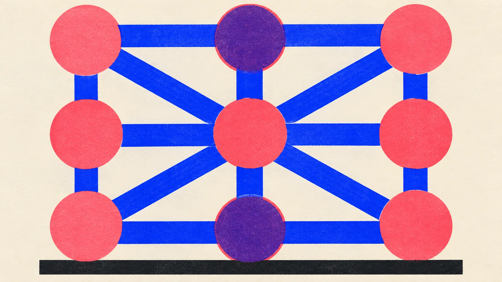 Editorial illustration: nine nodes wired into one connected lattice by thick straight rails