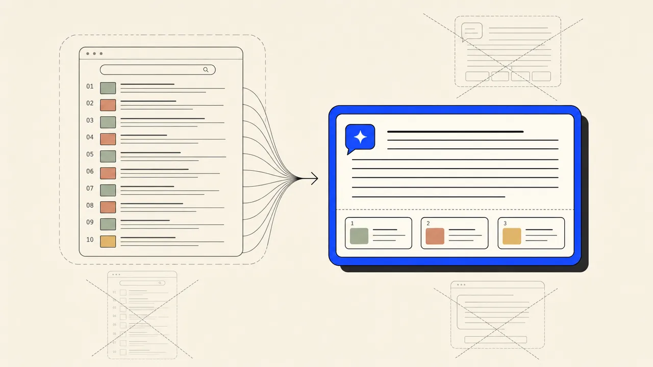 Editorial illustration: a ranked search results list morphing into a single chat answer panel with three source citation chips